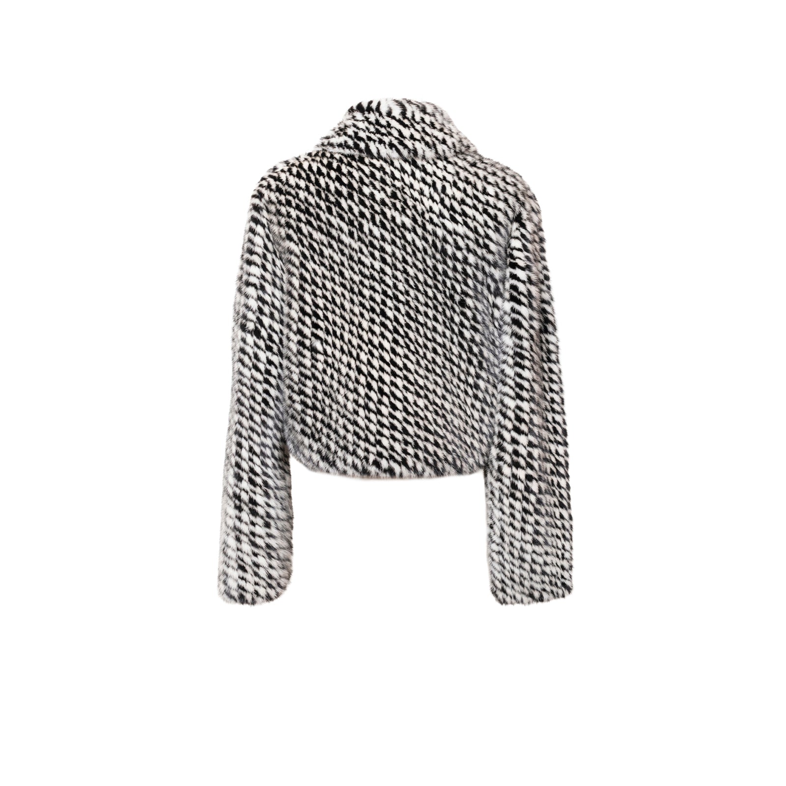 Back view of Christian Dior Monsieur Mink Jacket Black/White with textured black and white fur pattern and wide collar.