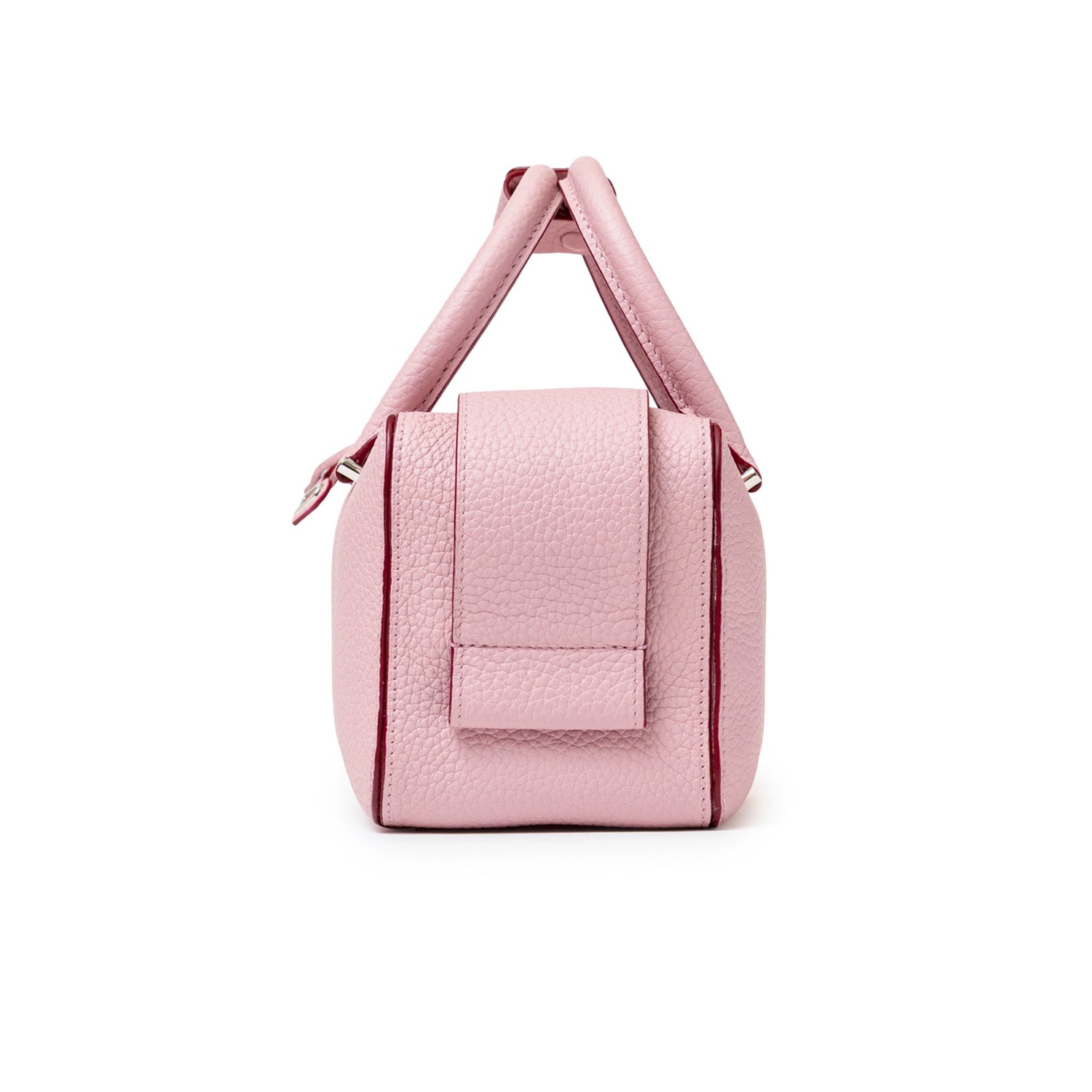 Side view of Delvaux Cool Box Mini Taurillon Soft Blush Palladium Hardware showing pebbled leather texture and handle detail