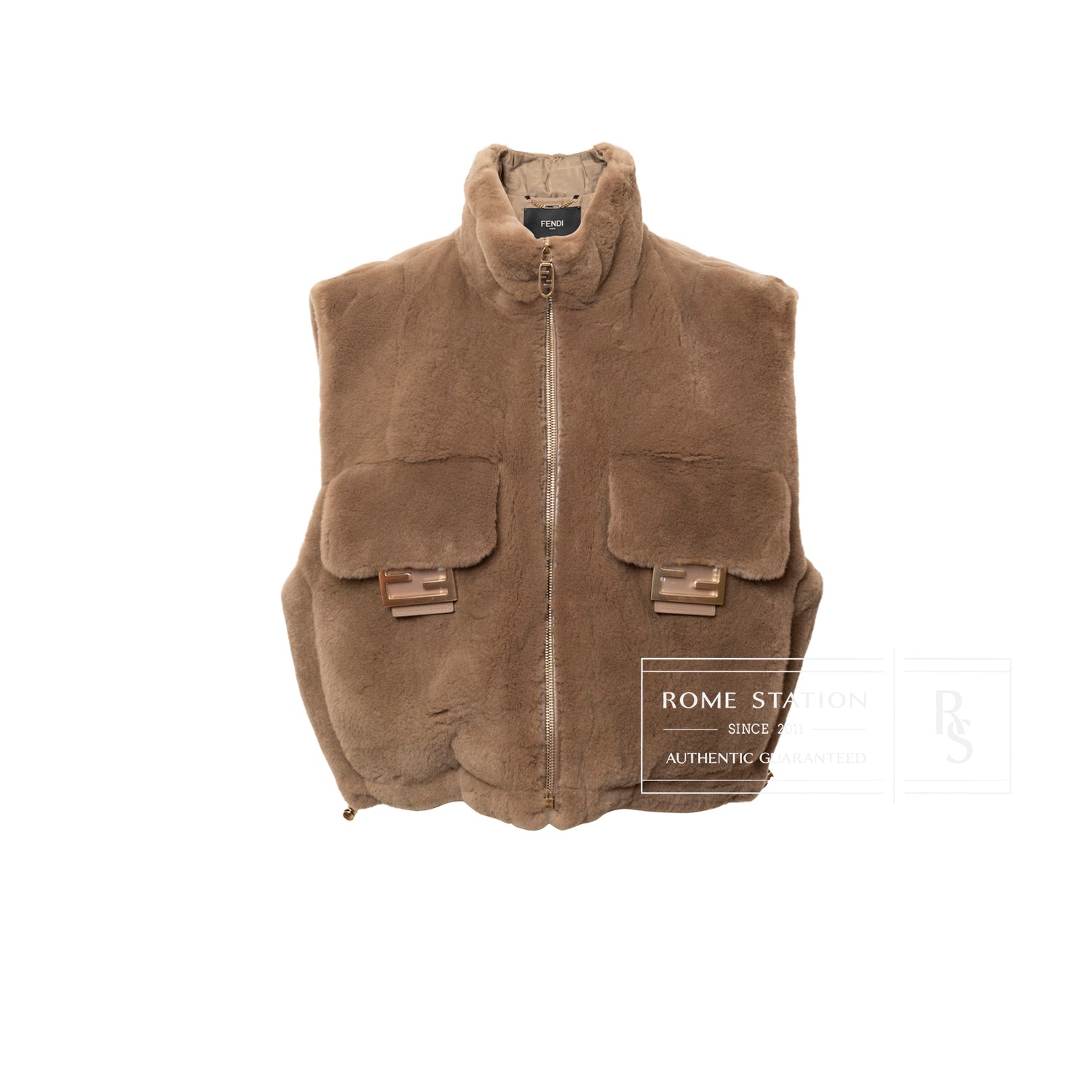 Front view of Fendi Mink Vest Brown FF Baguette Buckle with plush texture and signature buckle pockets