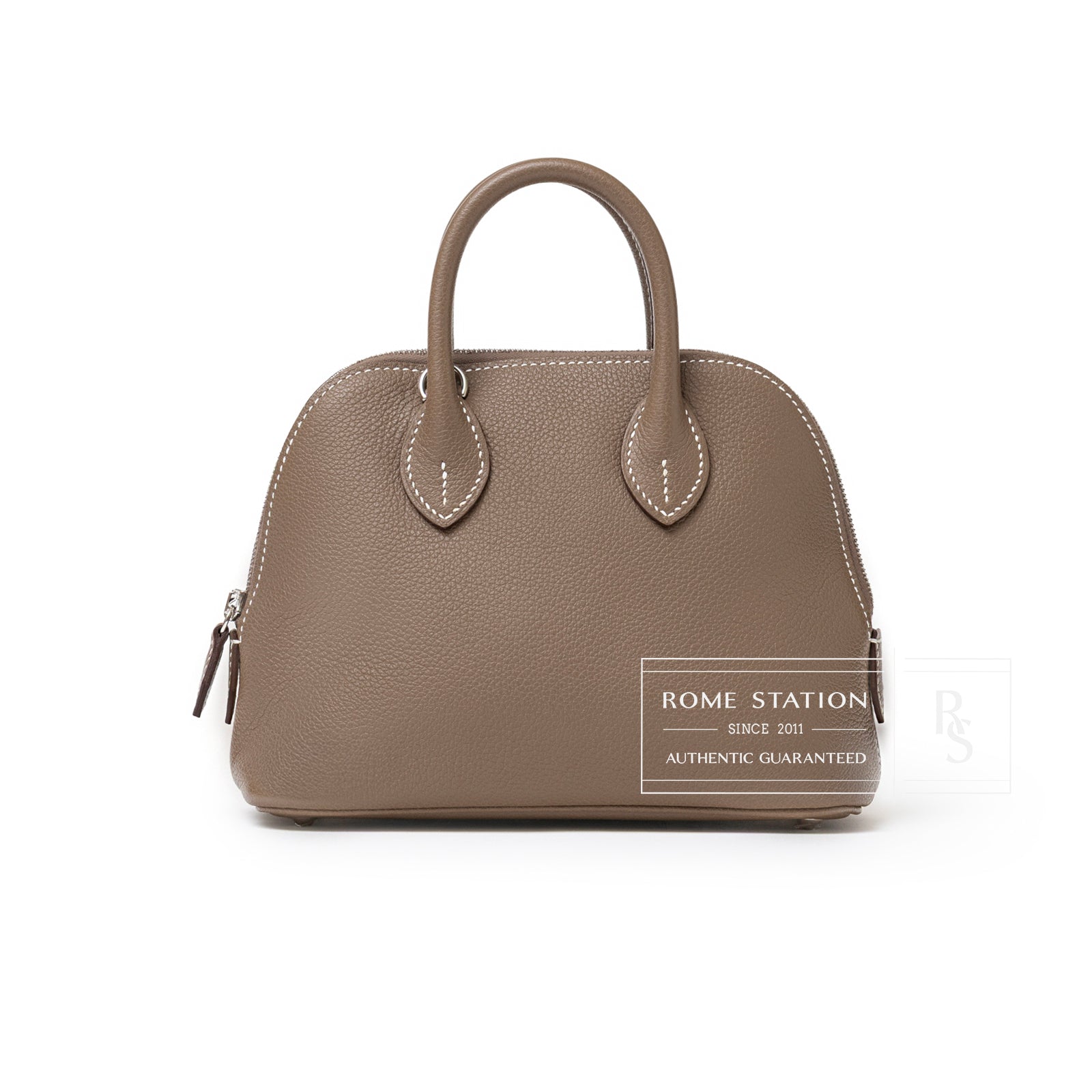 Front view of Hermès 1923 Bolide Mini Etoupe Evercolor Palladium Hardware handbag with double handles and stitching detail