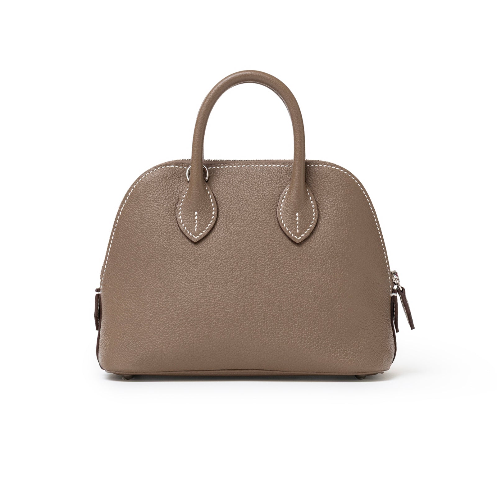 Back view of Hermès 1923 Bolide Mini Etoupe Evercolor Palladium Hardware with rounded handles and textured leather