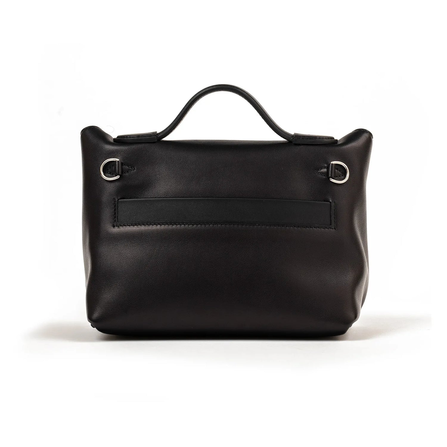 Back view of black leather Hermès 24/24 21 handbag with palladium hardware and top handle detail