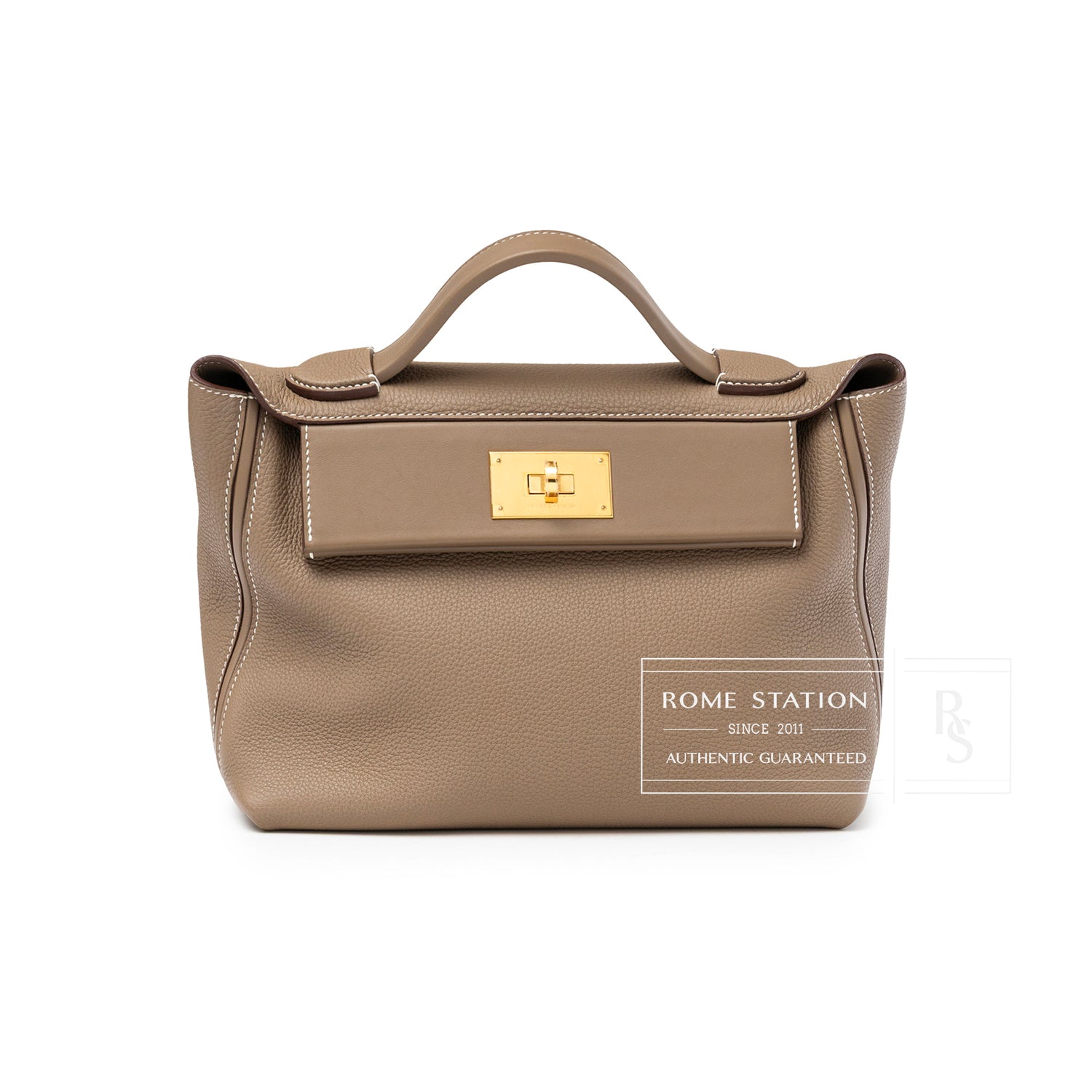 Front view of Hermès 24/24 29 Etoupe Togo and Swift Gold Hardware handbag with top handle and rectangular clasp