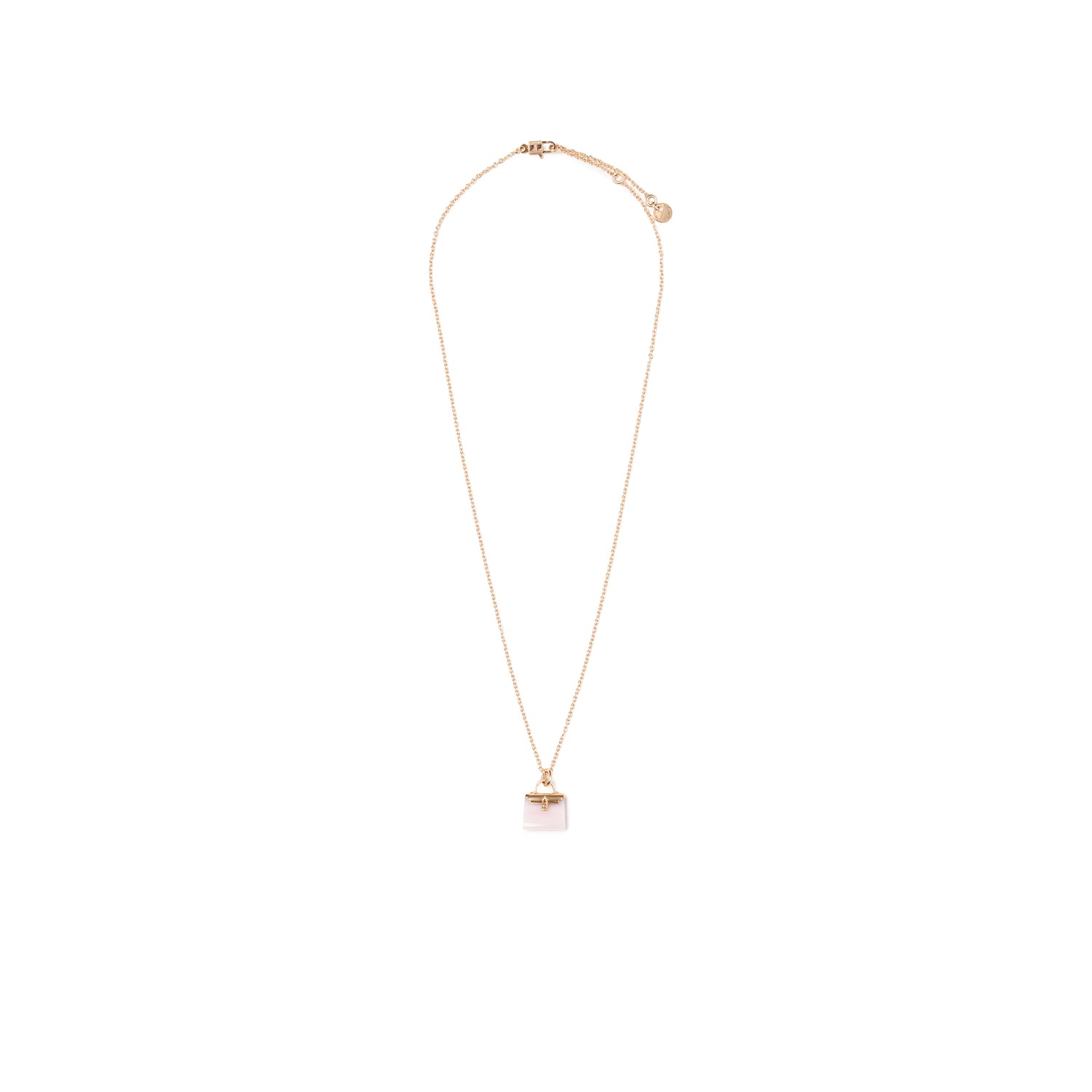 Hermès Amulettes Kelly Pendant Pink Opal Gemstone 18K Rose Gold necklace with square pink opal charm front view
