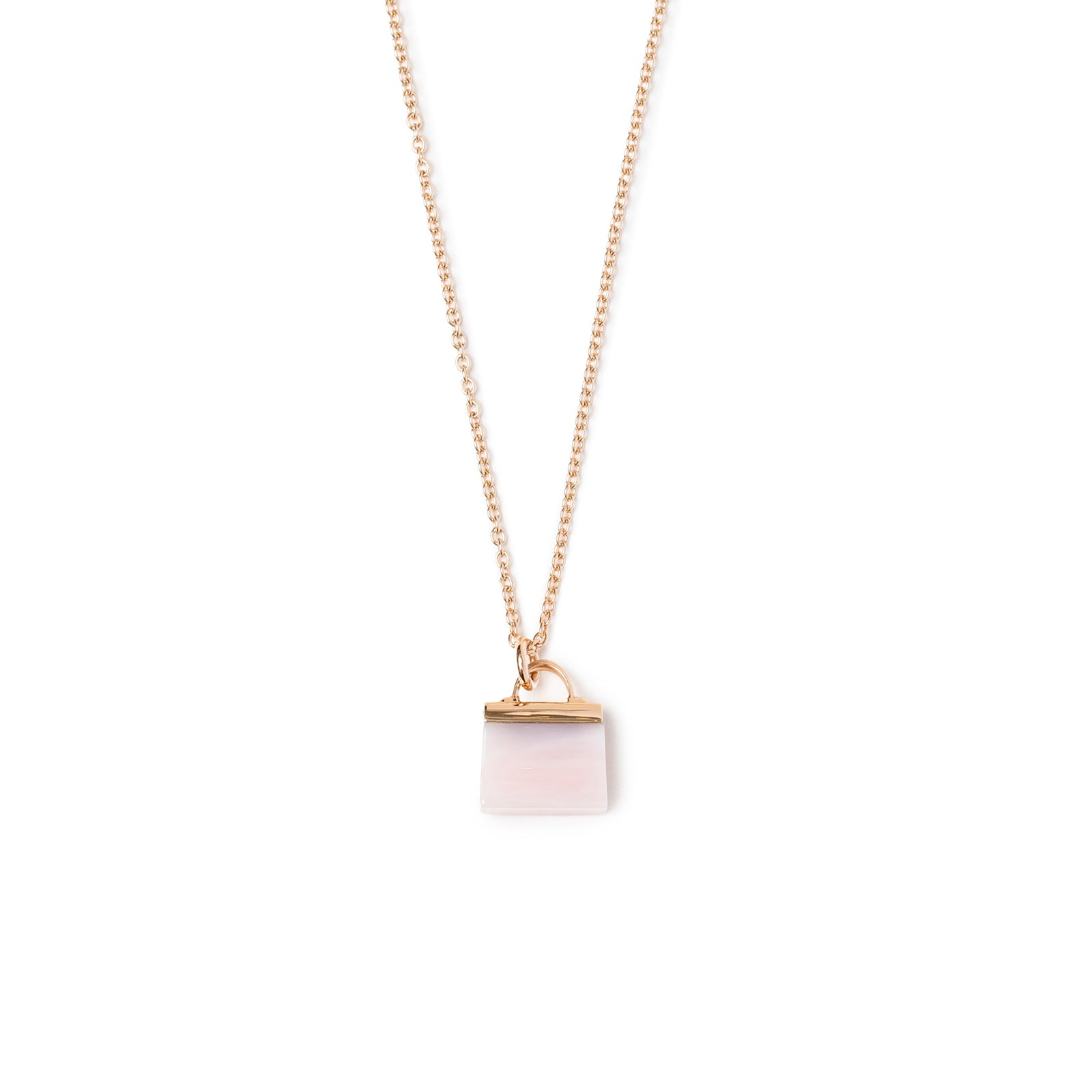 Back view of Hermès Amulettes Kelly Pendant Pink Opal Gemstone 18K Rose Gold necklace with delicate chain
