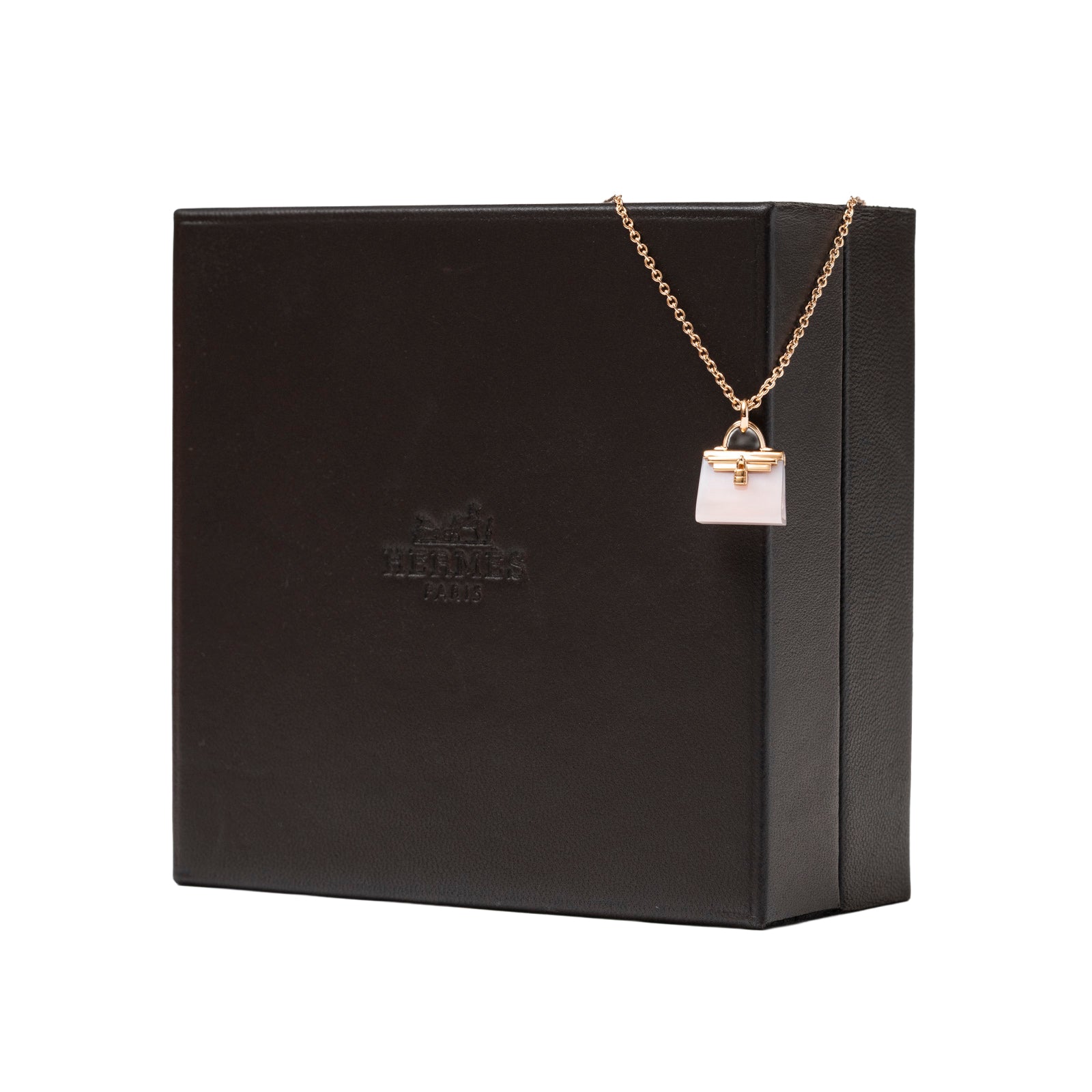 Hermès Amulettes Kelly Pendant Pink Opal Gemstone 18K Rose Gold on Hermès jewelry box