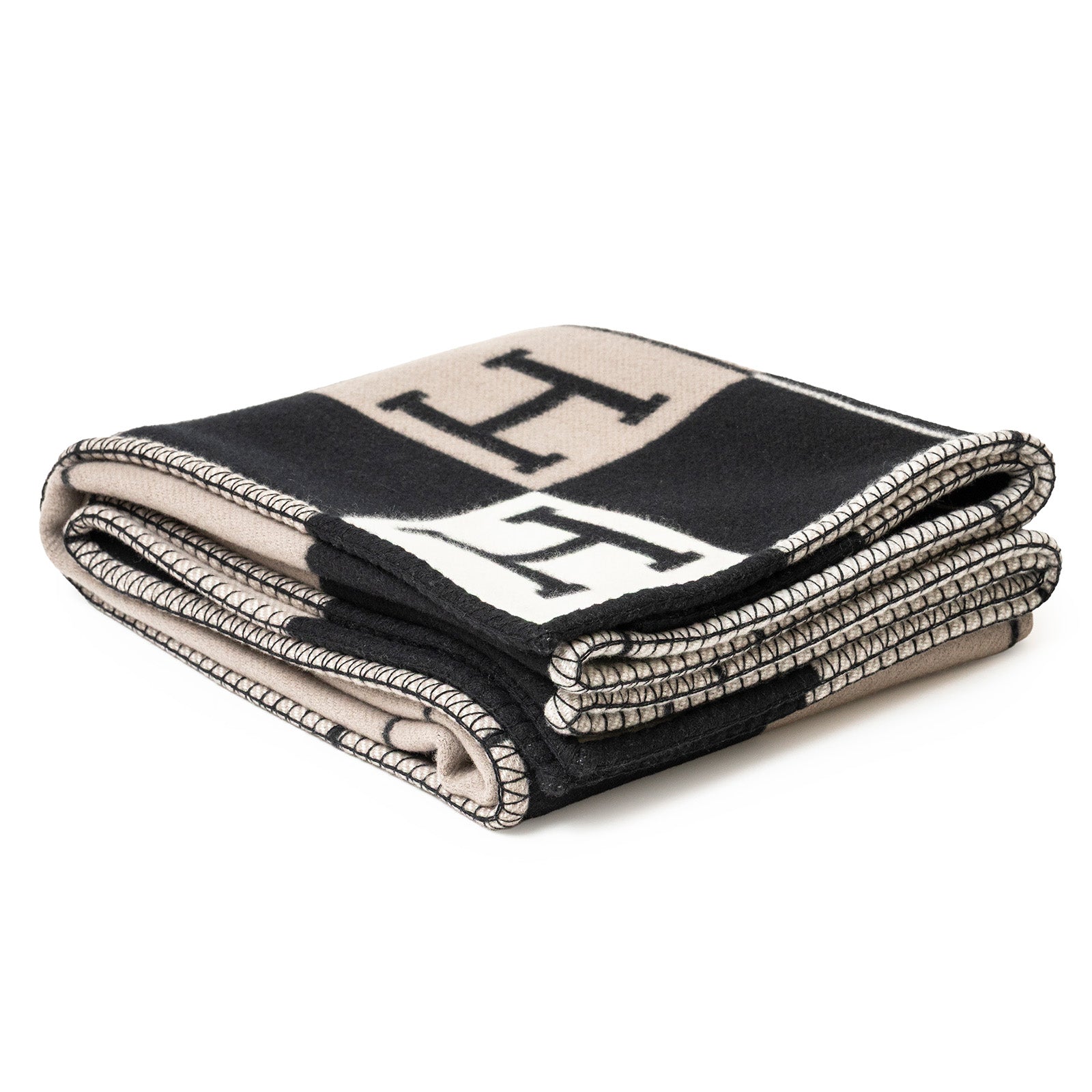 HERMES Avalon throw blanket 85%ウー15%カシミア Hermès Avalon Throw Blanket in Écru & Gris Foncé Wool-Cashmere