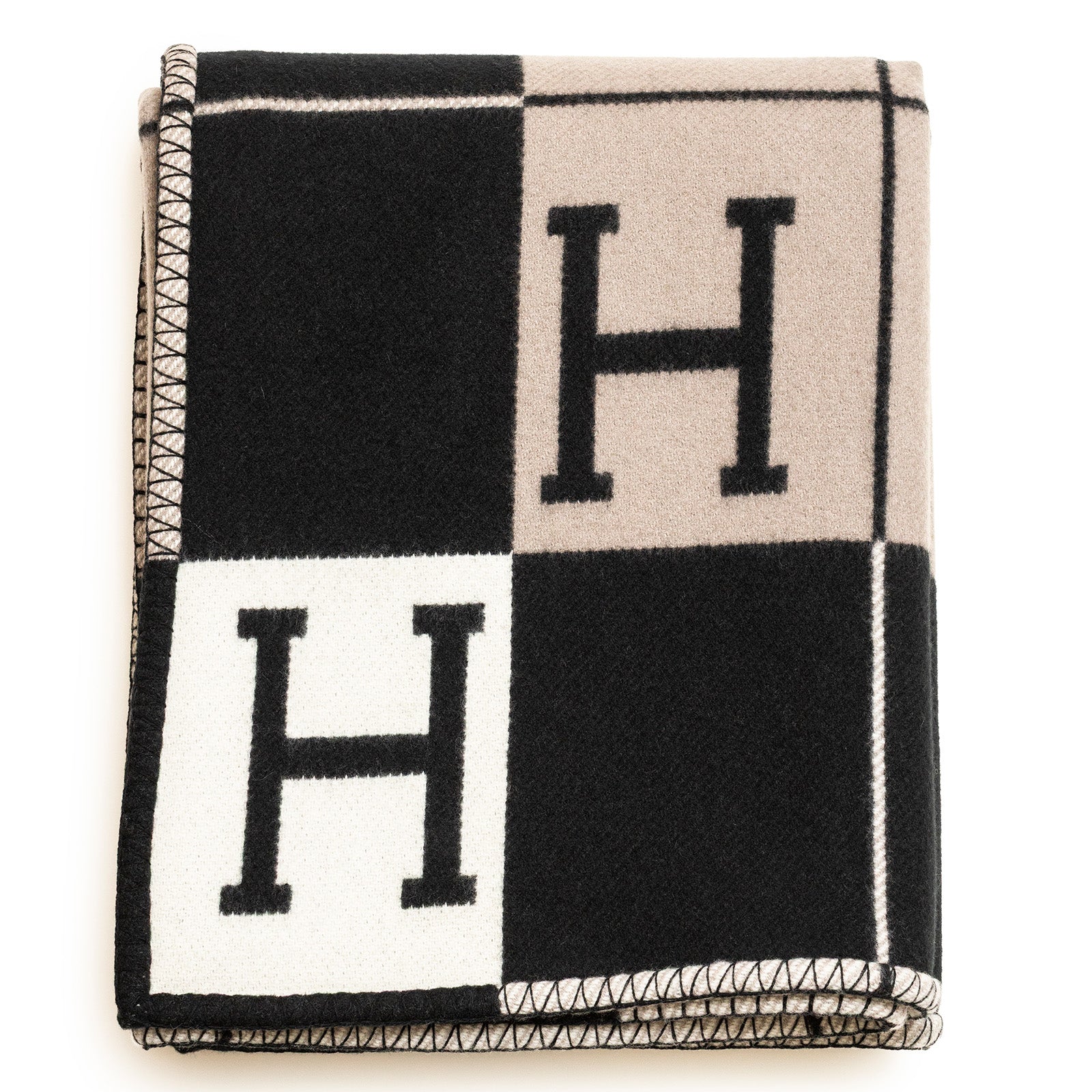 Hermès Avalon Throw Blanket in Écru & Gris Foncé Wool-Cashmere