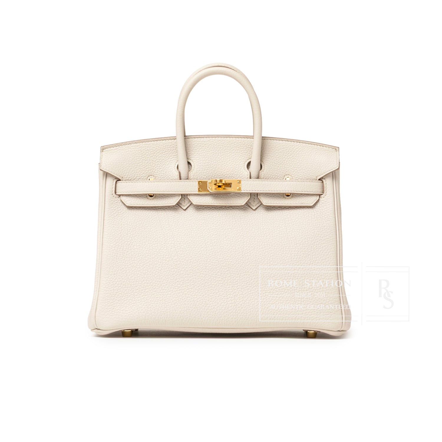 Front view of Hermès Birkin 25 Beton Togo Gold Hardware showing textured leather and gold clasp detail