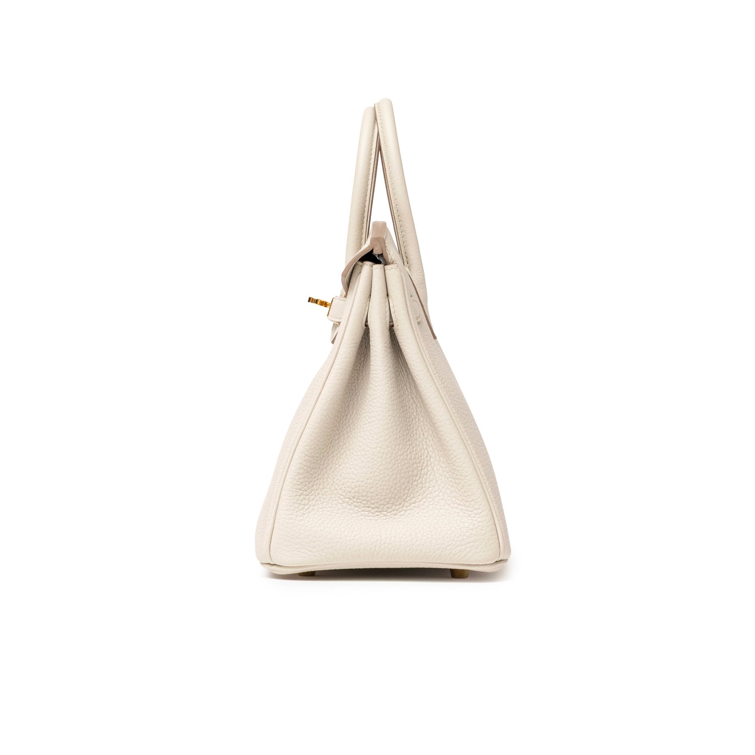 Side profile of Hermès Birkin 25 Beton Togo Gold Hardware highlighting smooth leather texture and structured silhouette