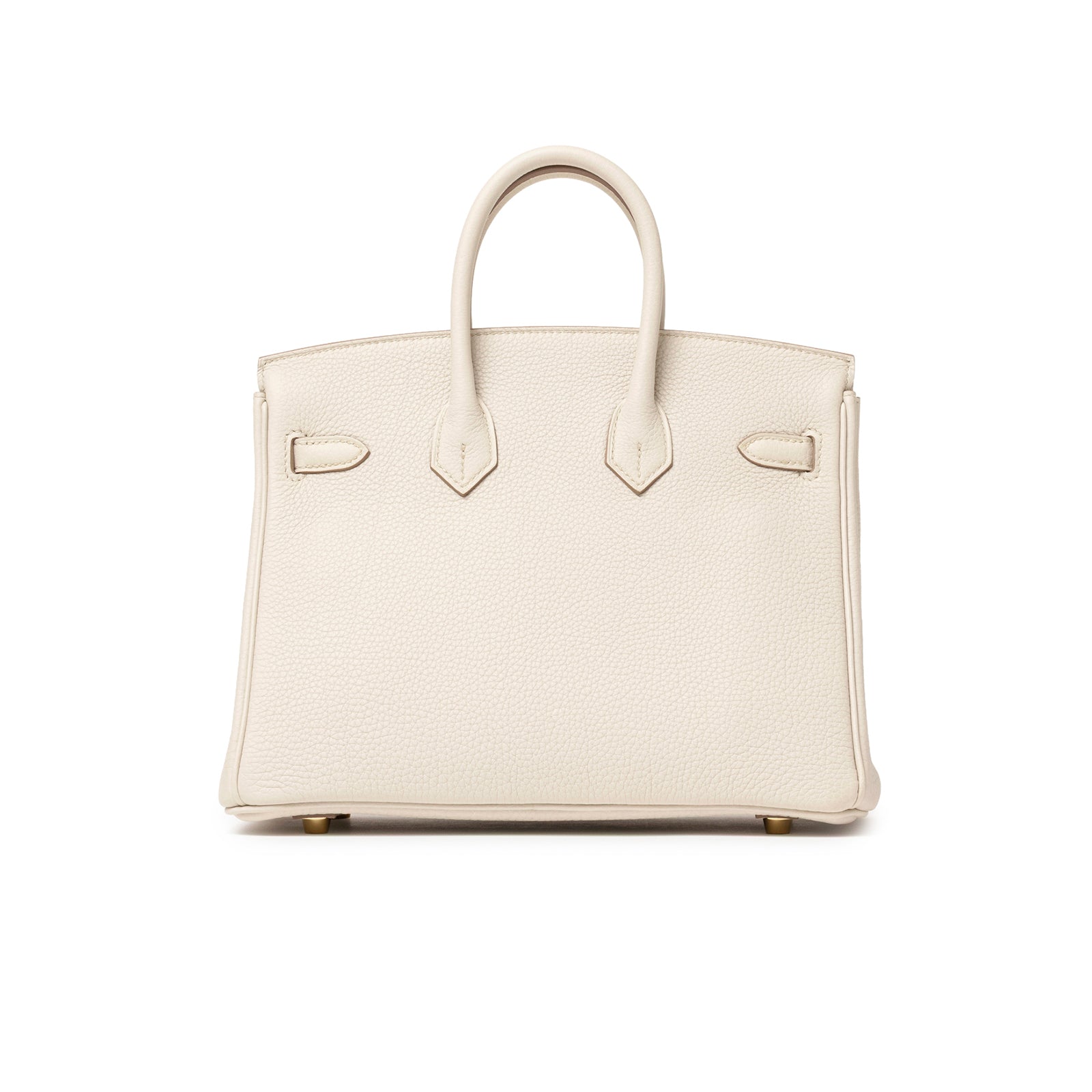 Back view of Hermès Birkin 25 Beton Togo Gold Hardware showcasing textured leather and structured silhouette
