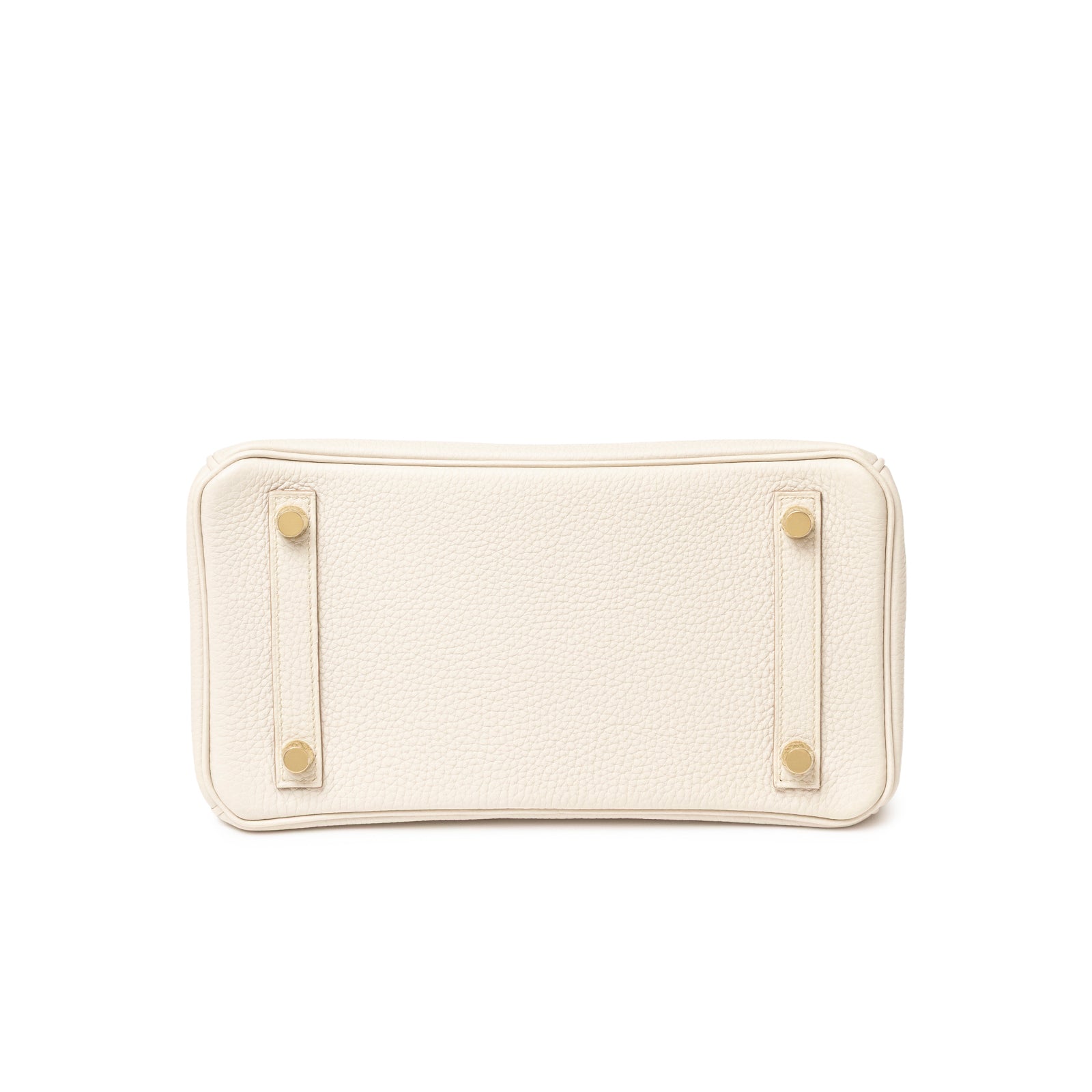 Bottom view of Hermès Birkin 25 Beton Togo Gold Hardware showing textured leather and gold feet details