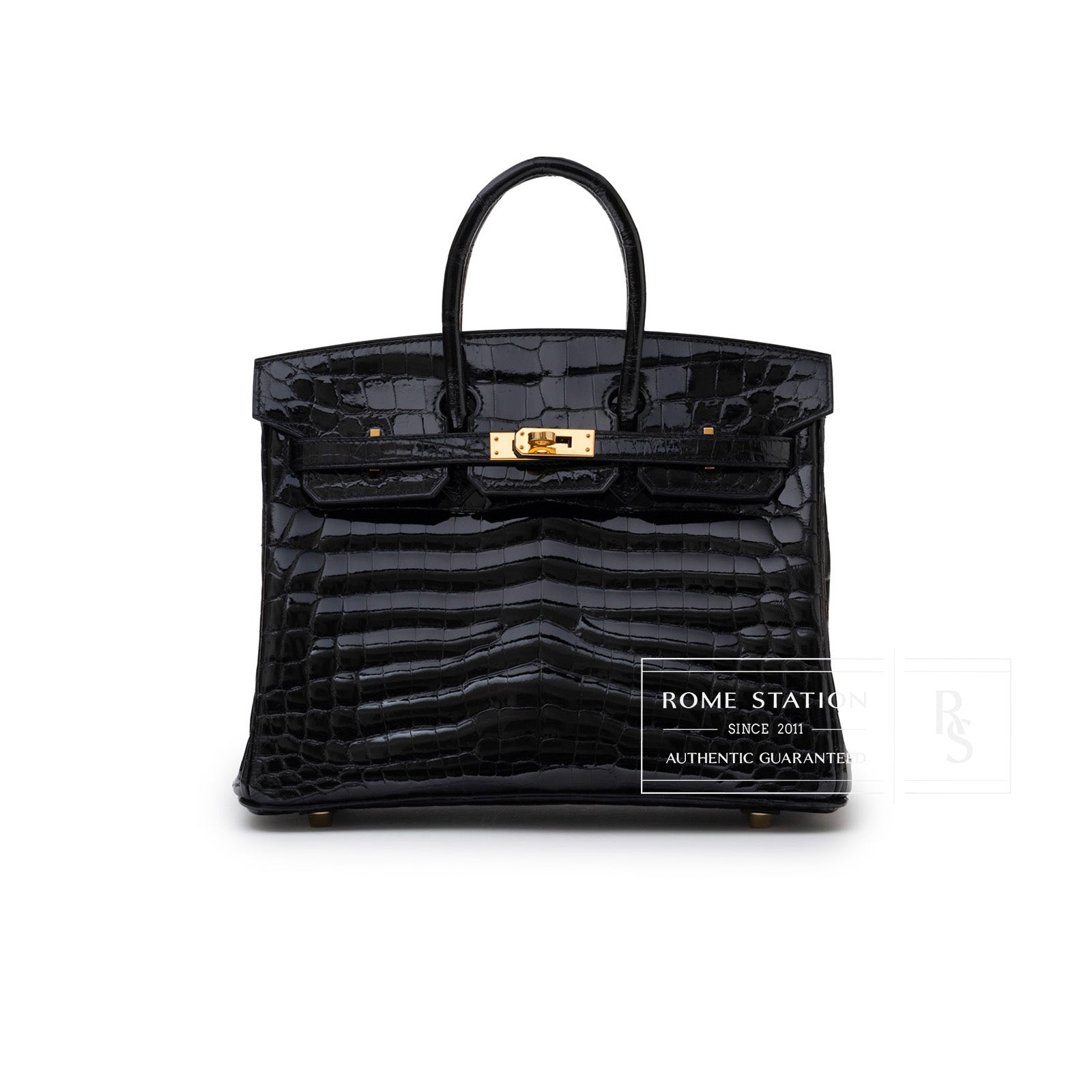 Hermès Birkin 25 Black Shiny Niloticus Crocodile Gold Hardware - Front