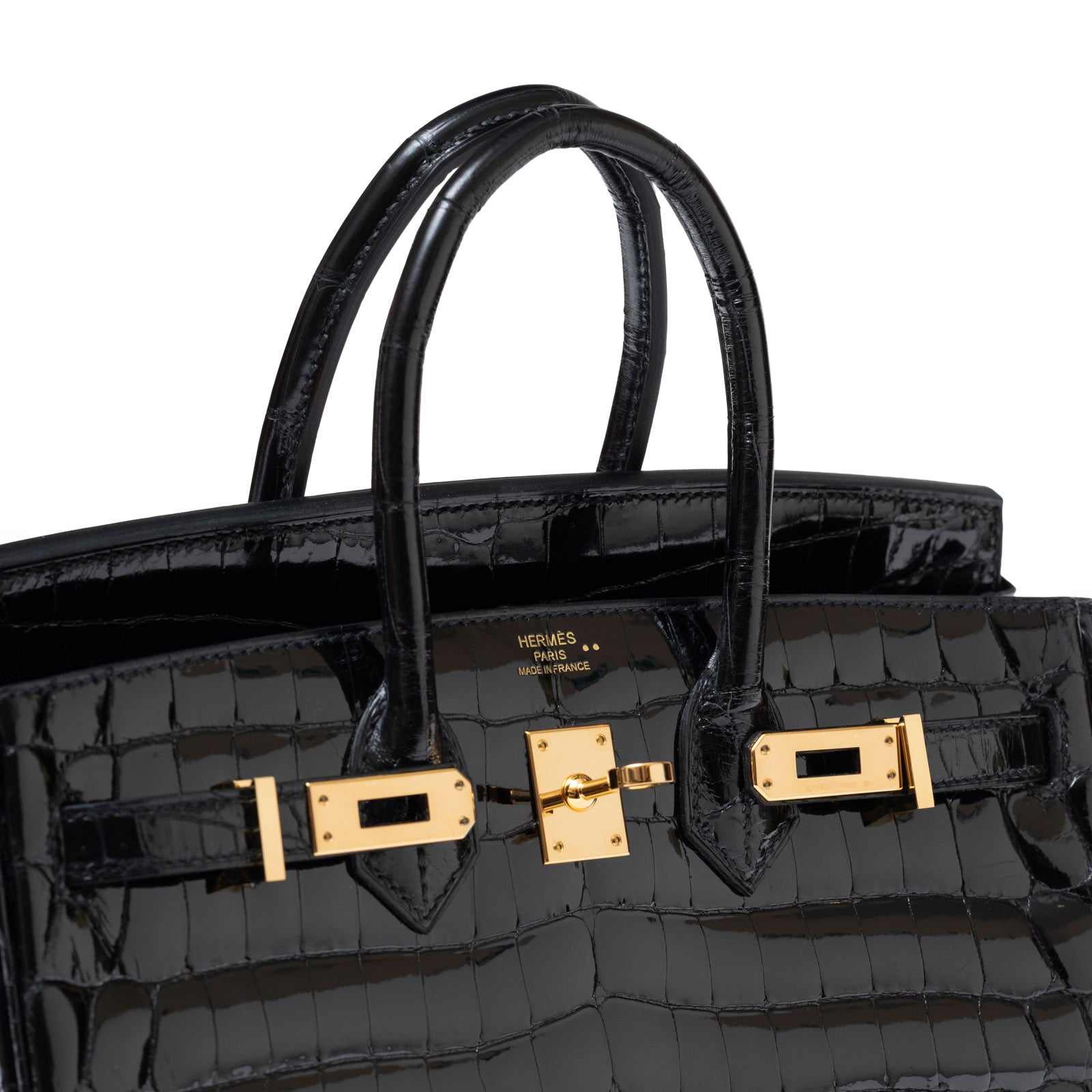 Hermès Birkin 25 Black Shiny Niloticus Crocodile Gold Hardware - Close Up