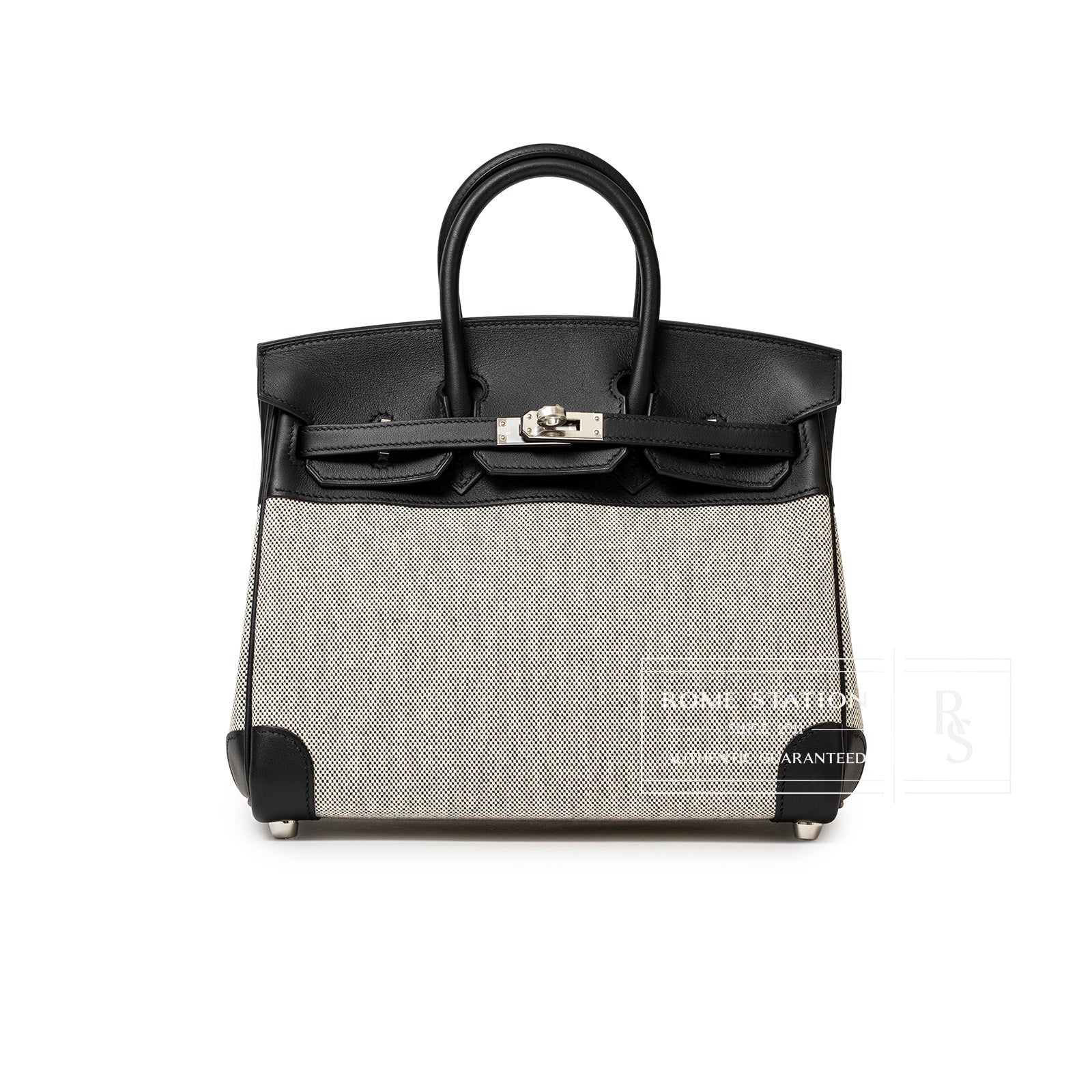 Front view of Hermès Birkin 25 Black Swift/Ecru Toile canvas luxury handbag Hermès