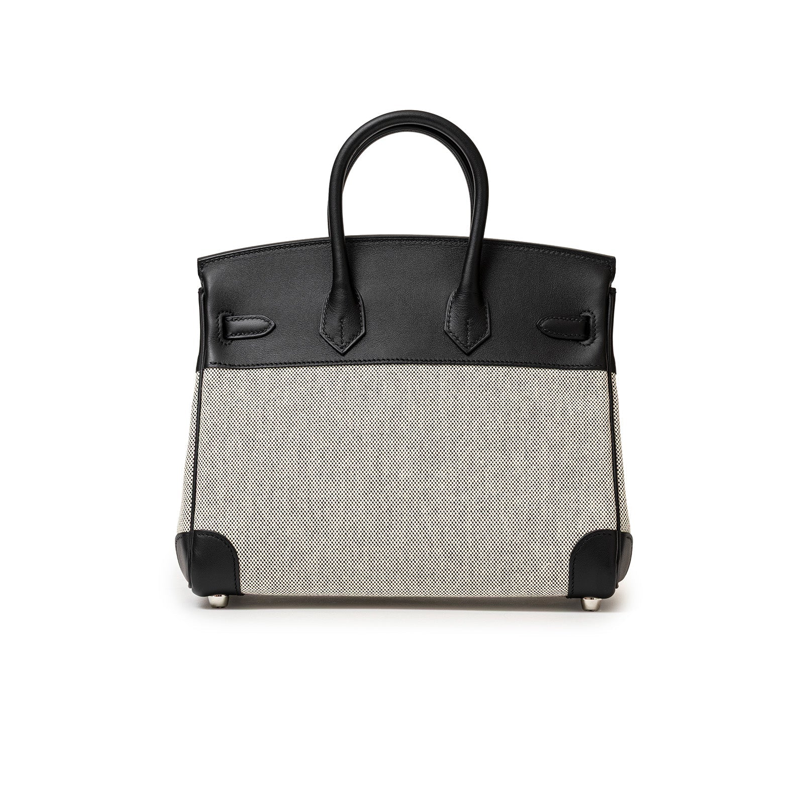 Back view of Hermès Birkin 25 Black Swift/Ecru Toile H Canvas Palladium luxury handbag Hermès