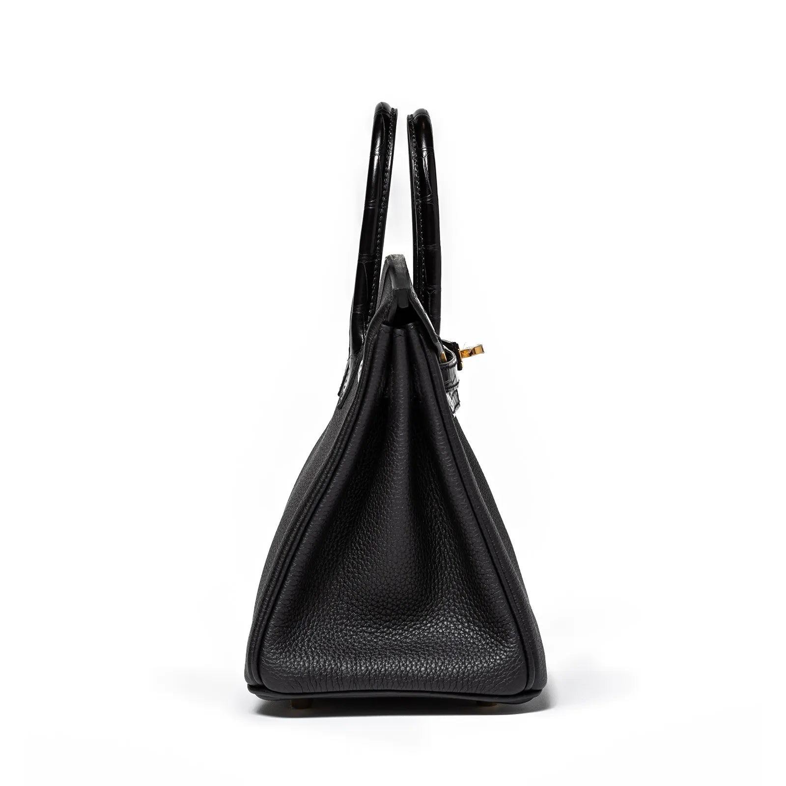 Side profile of Hermès Birkin 25 in black togo leather with gold hardware and dual rolled handles visible