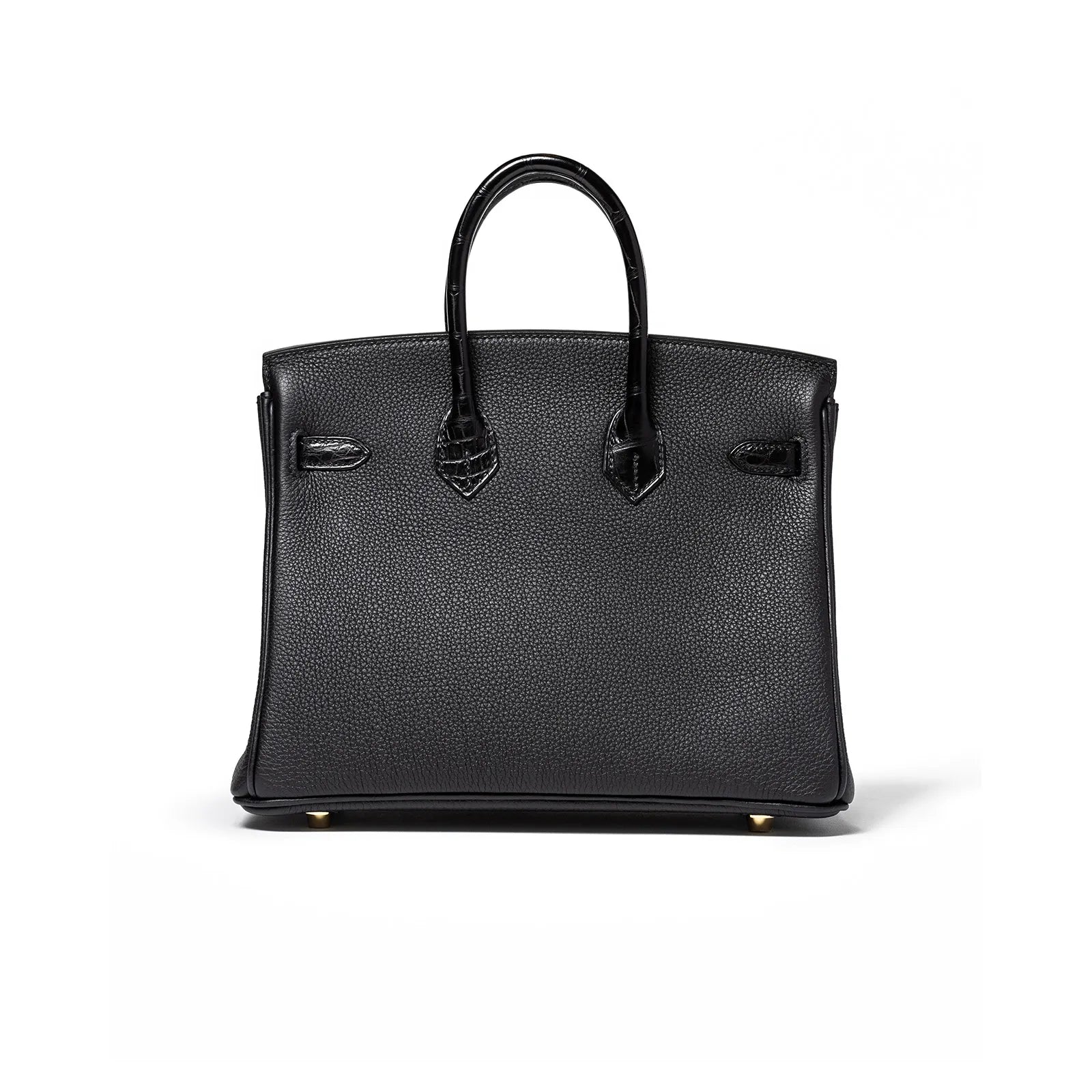 Back view of Hermès Birkin 25 in black Togo leather with matte alligator handles and gold hardware