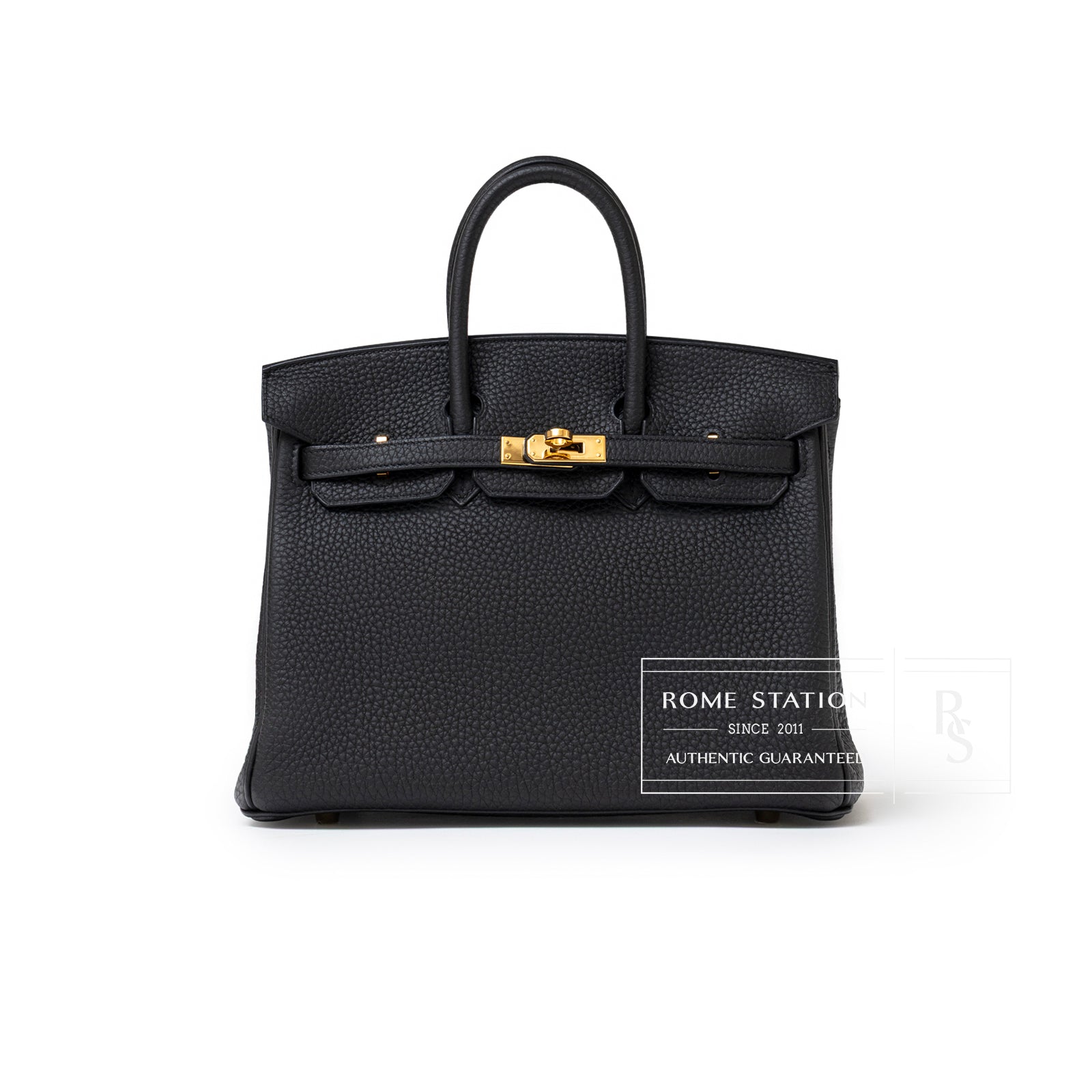 Front view of Hermès Birkin 25 Black Togo Gold Hardware showcasing its textured leather and gold clasp details