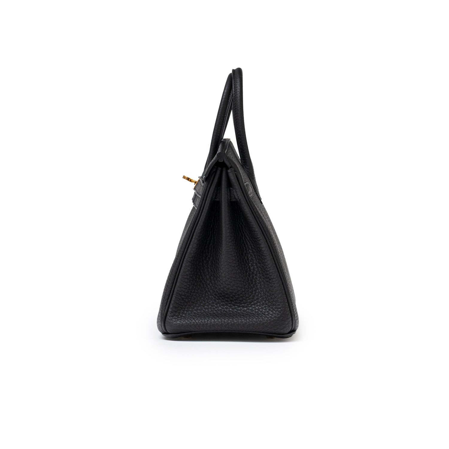 Side view of Hermès Birkin 25 Black Togo Gold Hardware showing textured leather and slim profile details