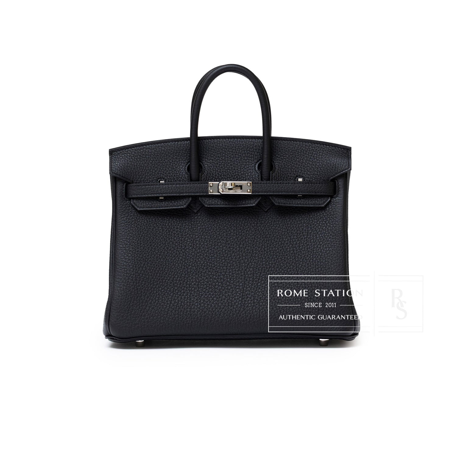 Front view of Hermès Birkin 25 Black Togo Palladium Hardware showcasing textured leather and clasp details