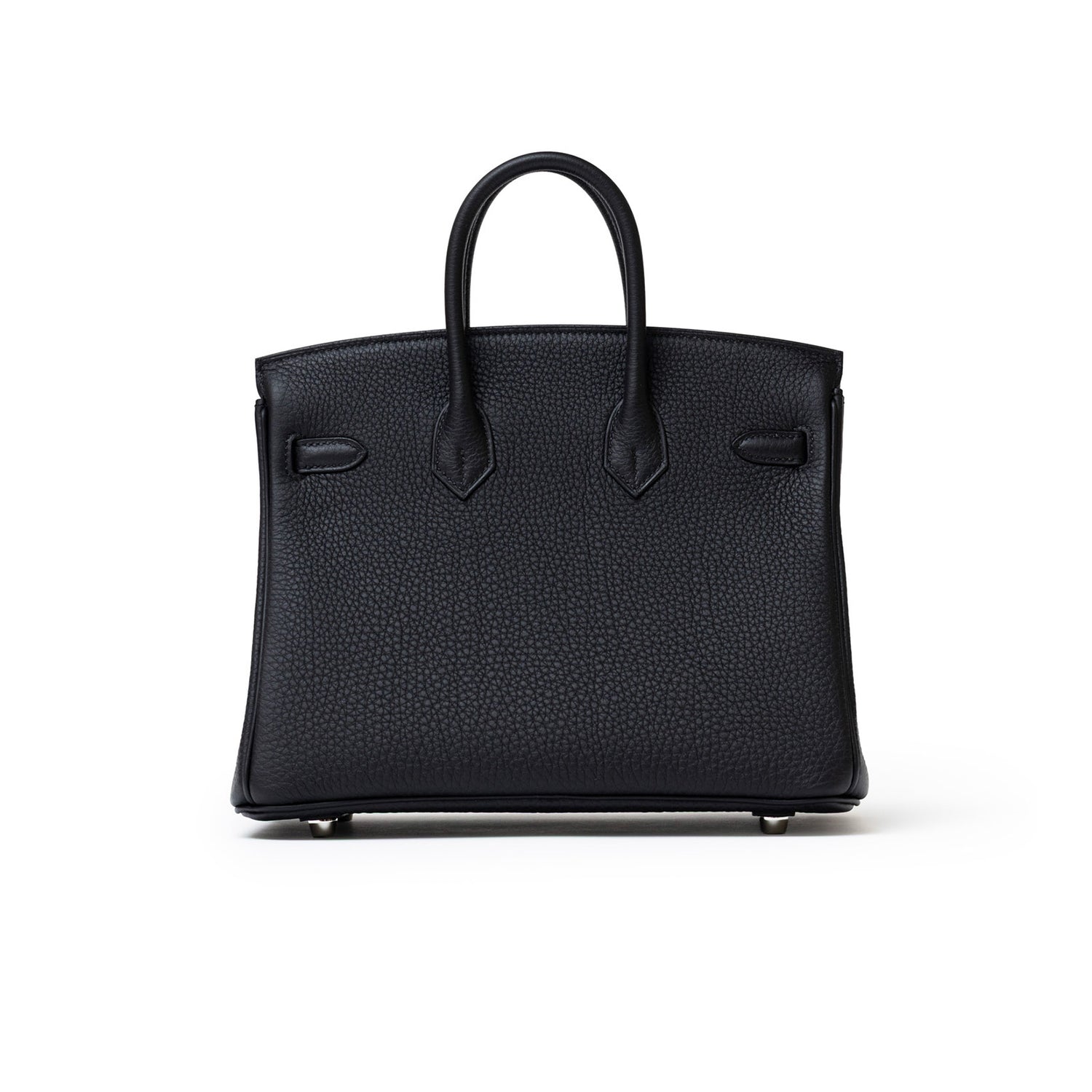 Back view of Hermès Birkin 25 Black Togo Palladium Hardware showcasing textured leather and structured handles.