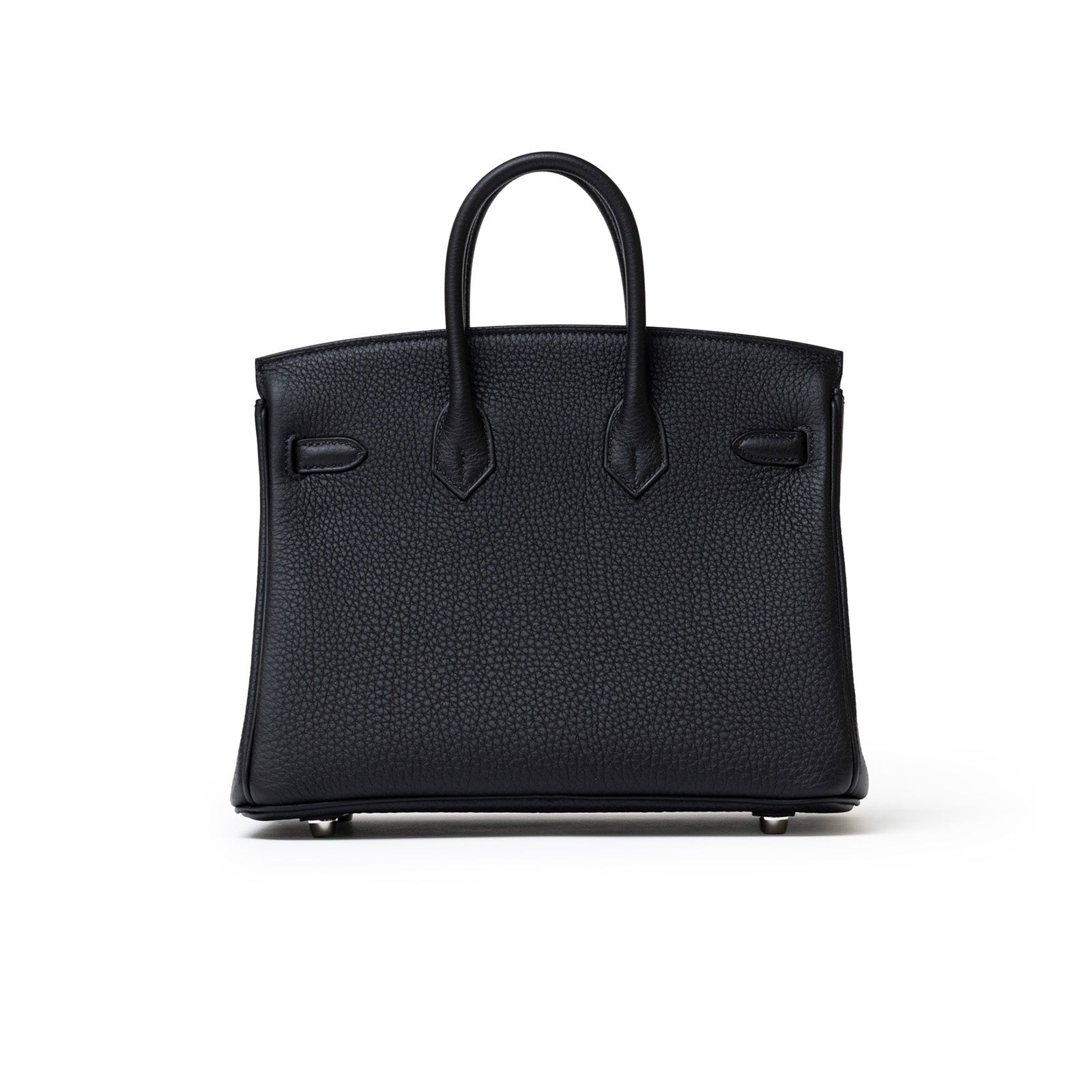 Back view of Hermès Birkin 25 Black Togo Palladium Hardware showcasing textured leather and structured handles.