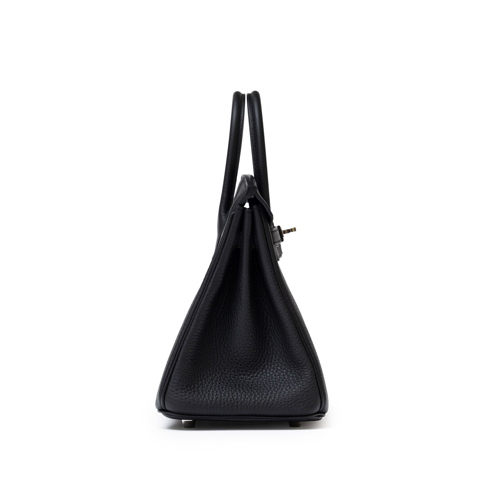 Side view of Hermès Birkin 25 Black Togo Palladium Hardware showcasing textured leather and smooth handles