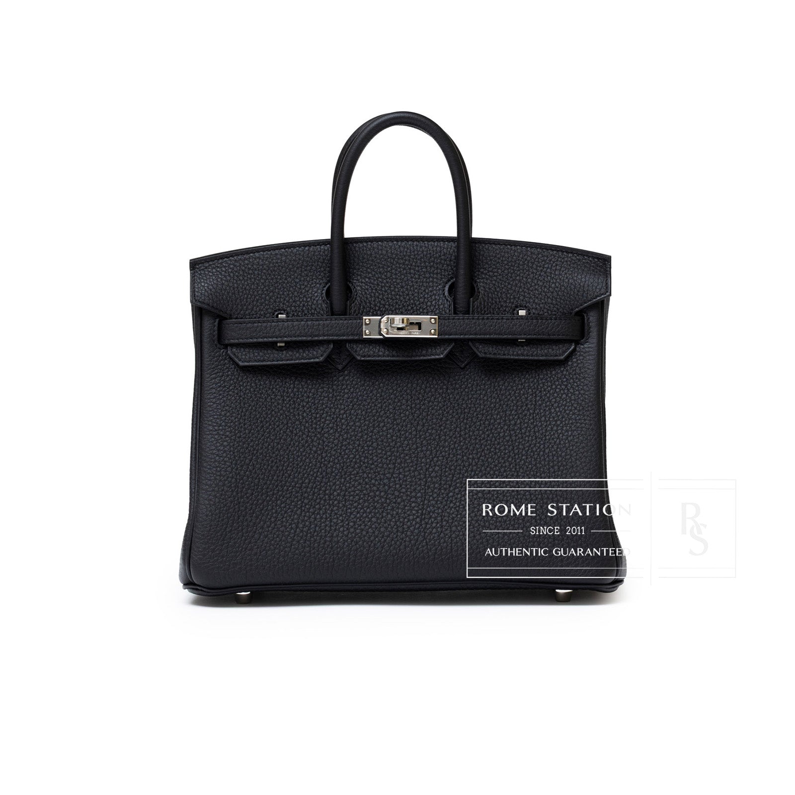 Front view of Hermès Birkin 25 Black Togo Palladium Hardware showcasing textured leather and clasp details