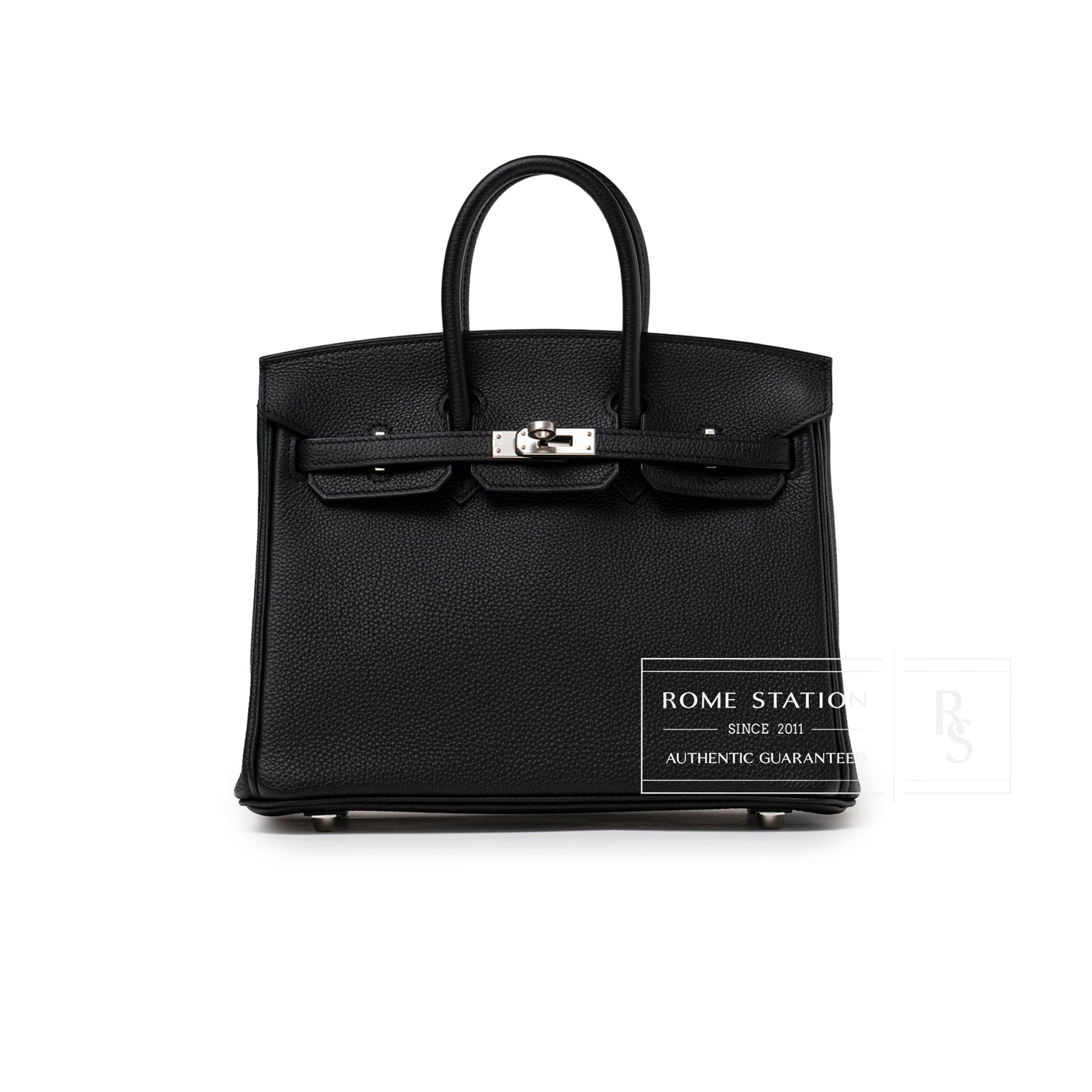Front view of Hermès Birkin 25 Black Togo Palladium Hardware highlighting smooth handles and structured leather body