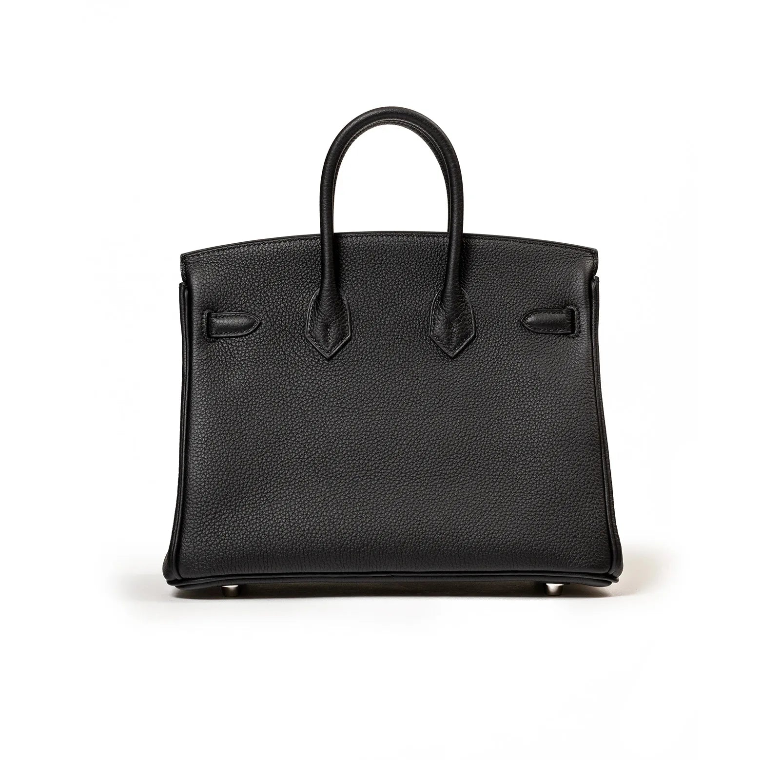 Back view of Hermès Birkin 25 in black Togo leather featuring palladium hardware and rolled handles