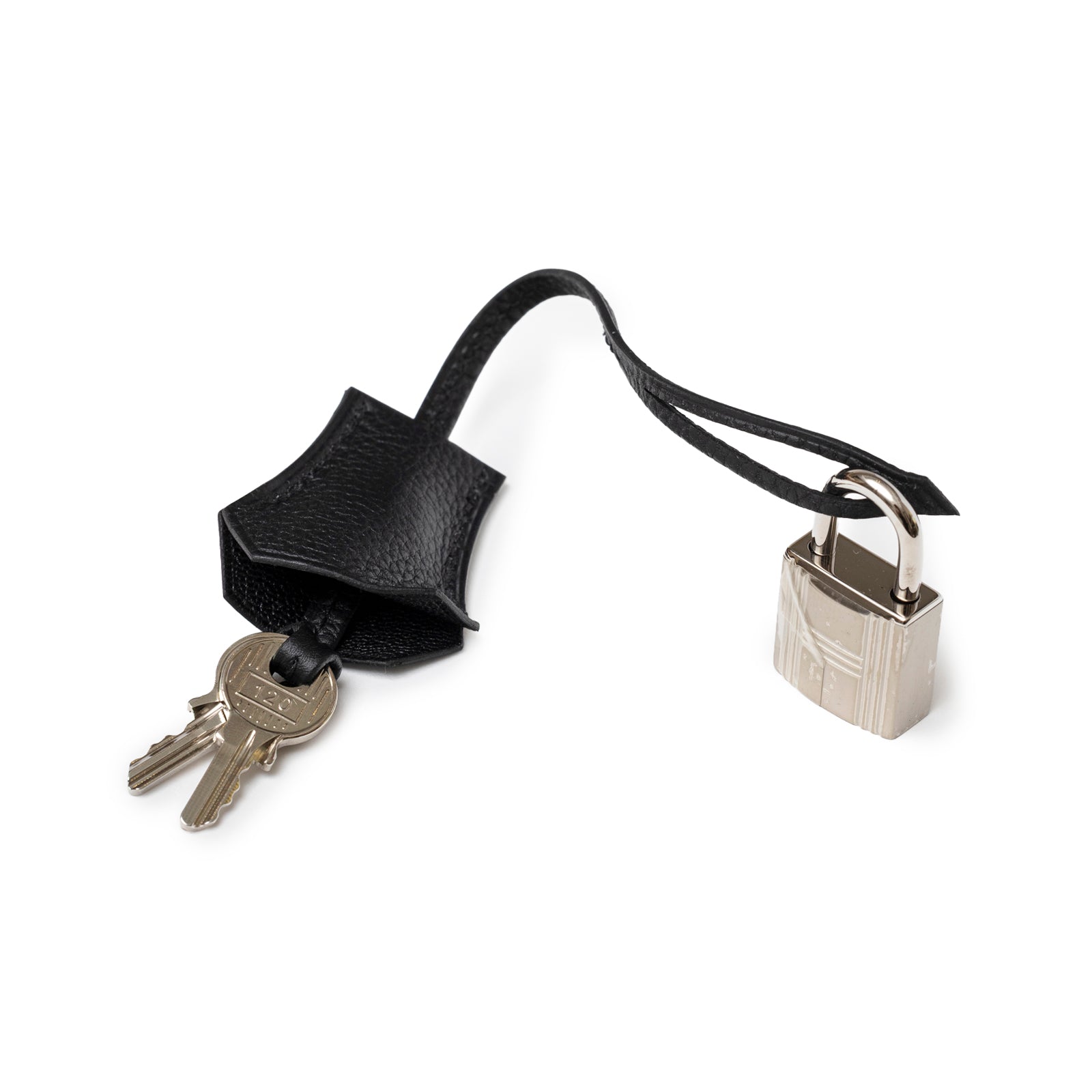 Lock and key set with black textured leather clochette and polished palladium hardware for Hermès Birkin 25 Black Togo Palladium Hardware