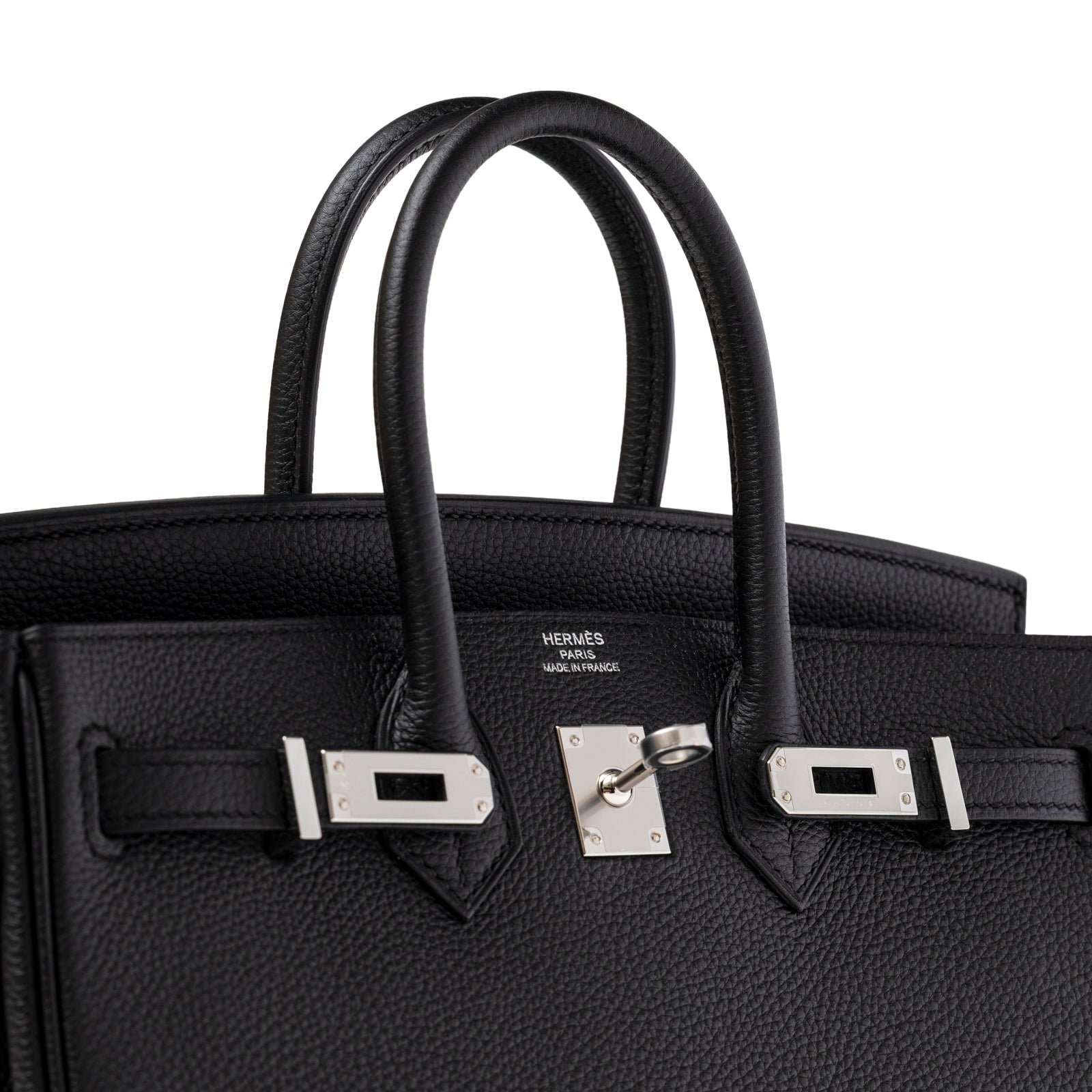 Close-up of Hermès Birkin 25 Black Togo Palladium Hardware showing textured leather and polished clasp detail