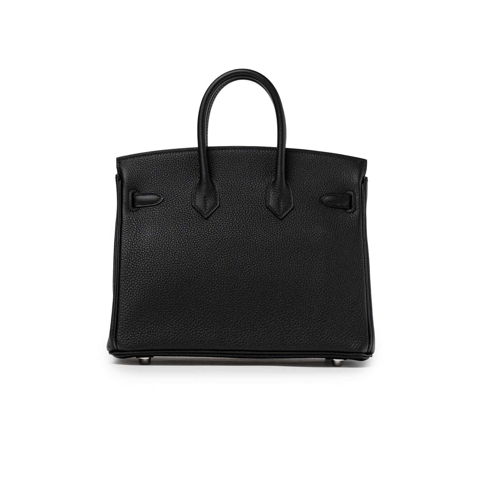Back view of Hermès Birkin 25 Black Togo Palladium Hardware showcasing structured pebbled leather and rounded handles