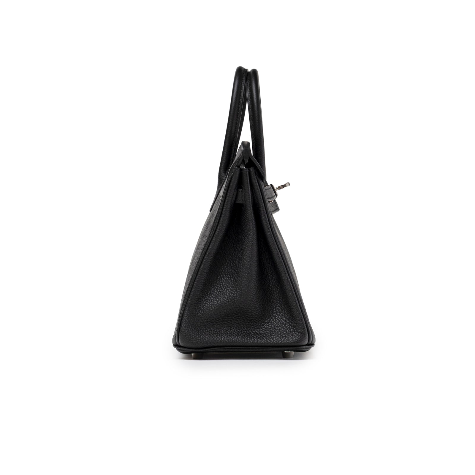 Side profile highlighting pebbled texture and structured silhouette of Hermès Birkin 25 Black Togo Palladium Hardware