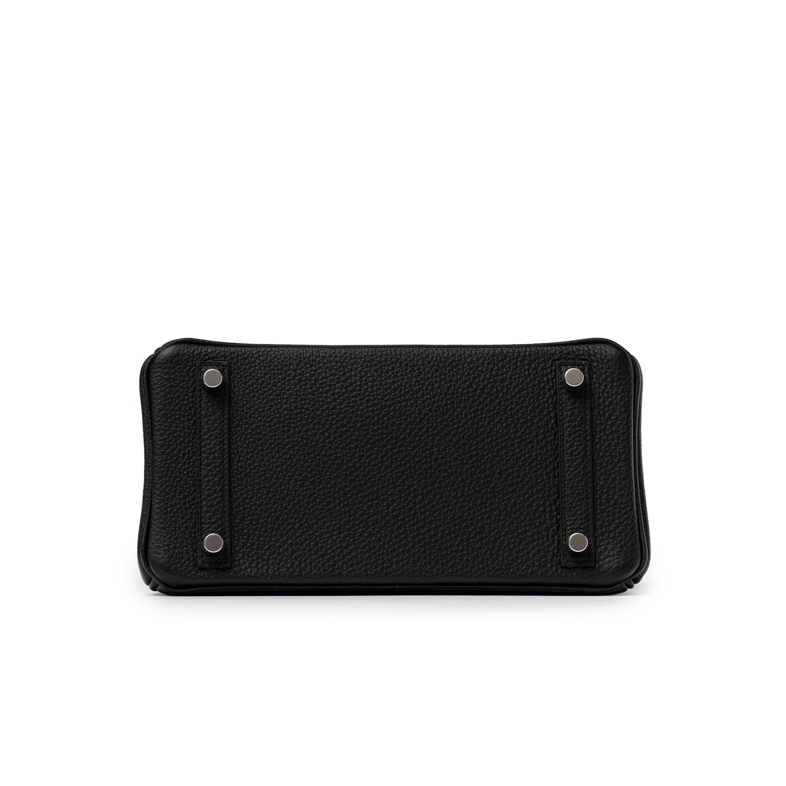 Bottom view of Hermès Birkin 25 Black Togo Palladium Hardware showing textured leather and protective metal feet
