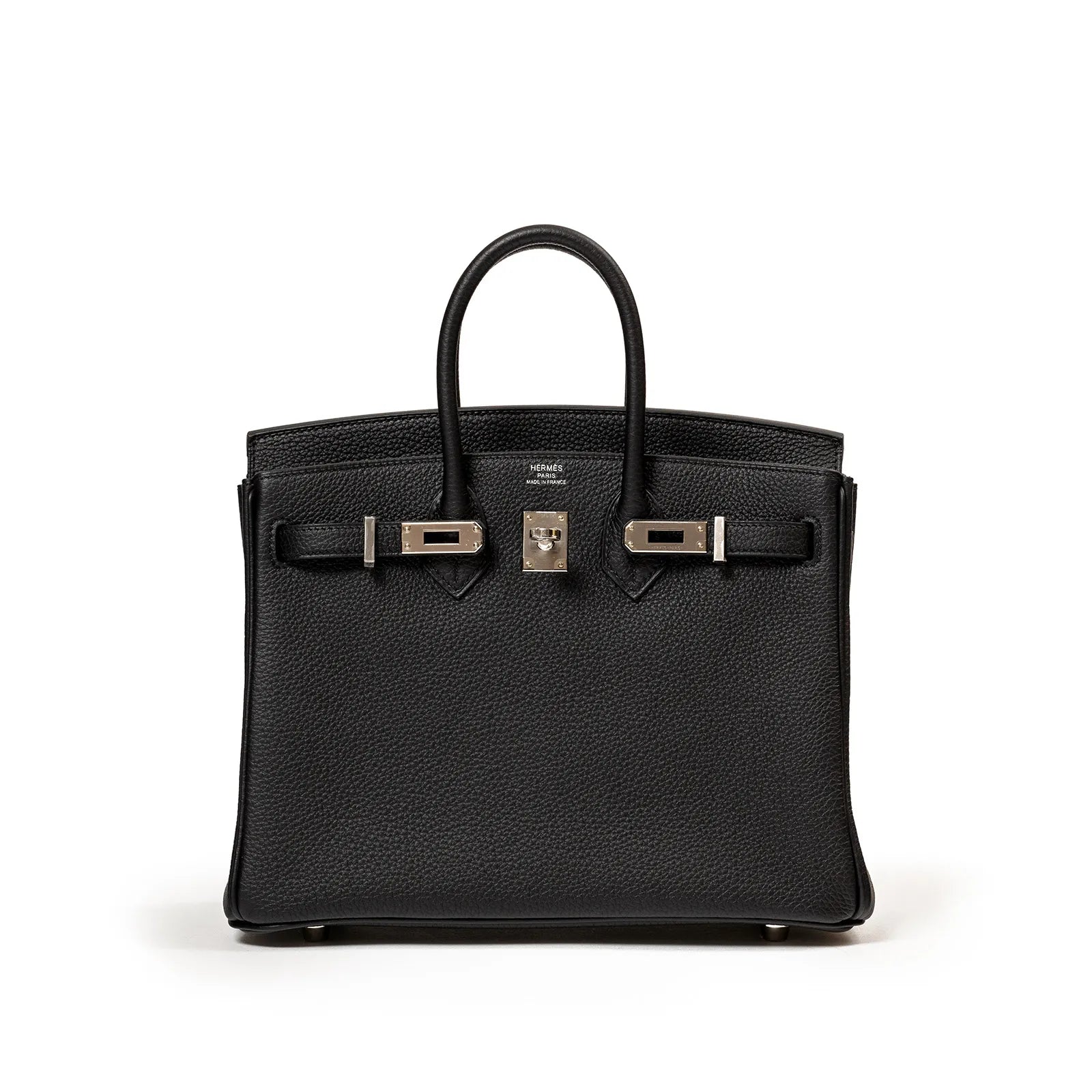 Front view of black togo leather Birkin 25 with palladium hardware and structured double handles.