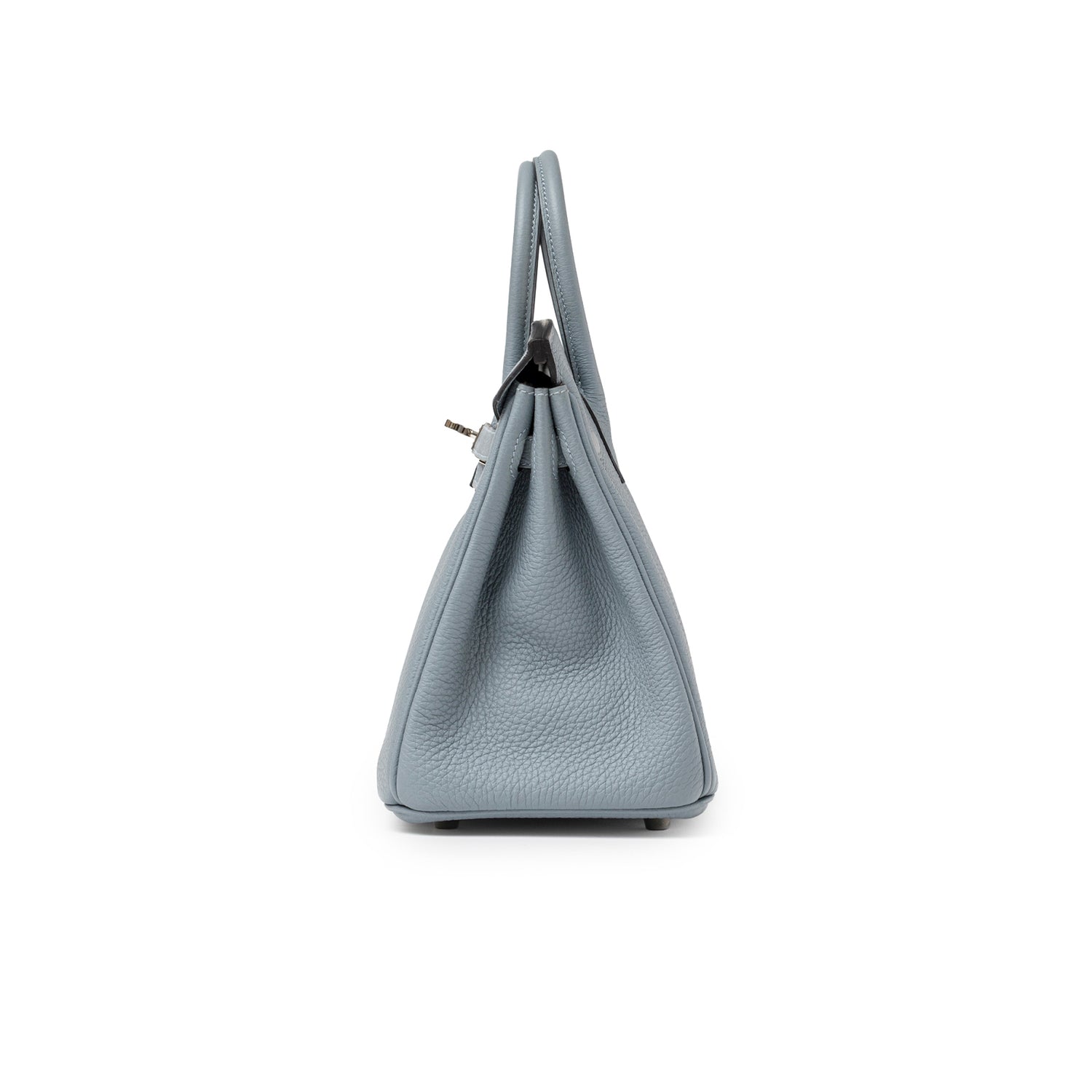 Side view of Hermès Birkin 25 Blue Lin Verso Beige De Weimar Togo Palladium Hardware showing texture and handle details