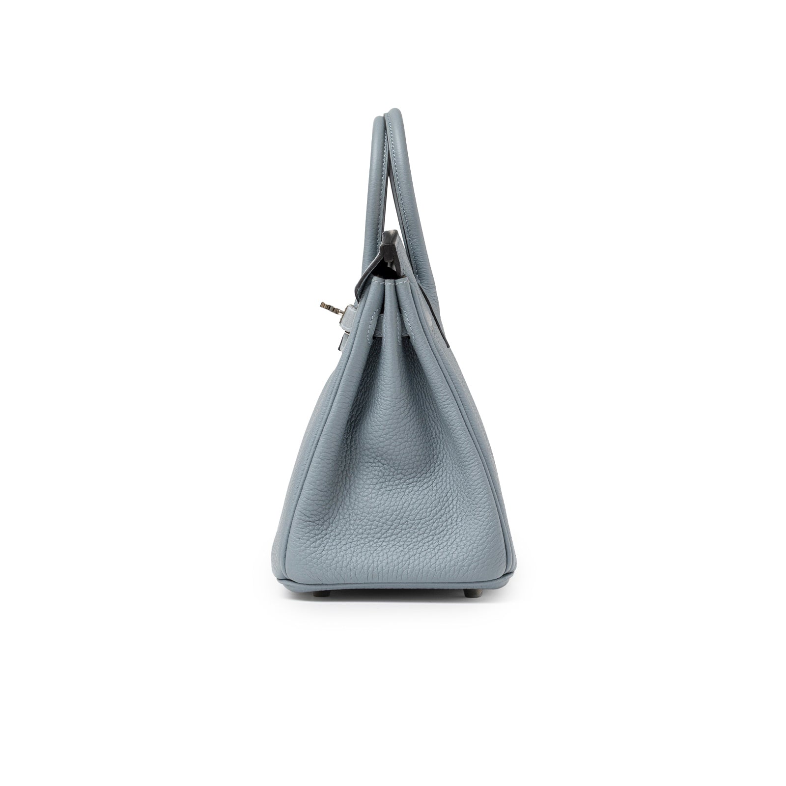 Side view of Hermès Birkin 25 Blue Lin Verso Beige De Weimar Togo Palladium Hardware showing texture and handle details