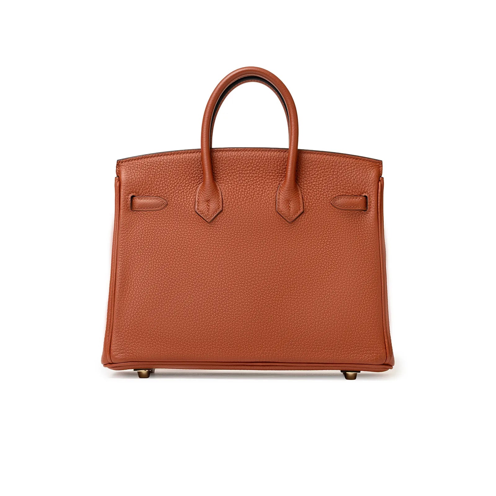 Back view of Hermès Birkin 25 in cuivre togo leather with gold tone hardware and rolled handles