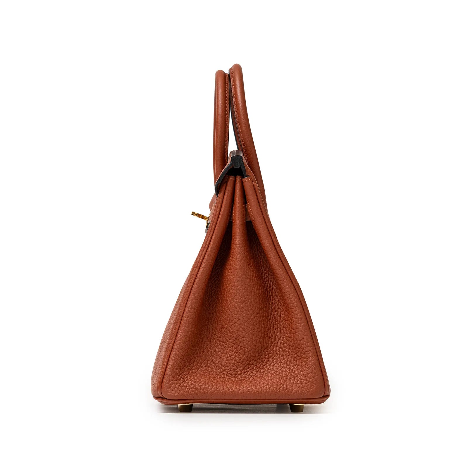 Side profile of Hermès Birkin 25 in cuivre Togo leather showcasing gold hardware and structured silhouette
