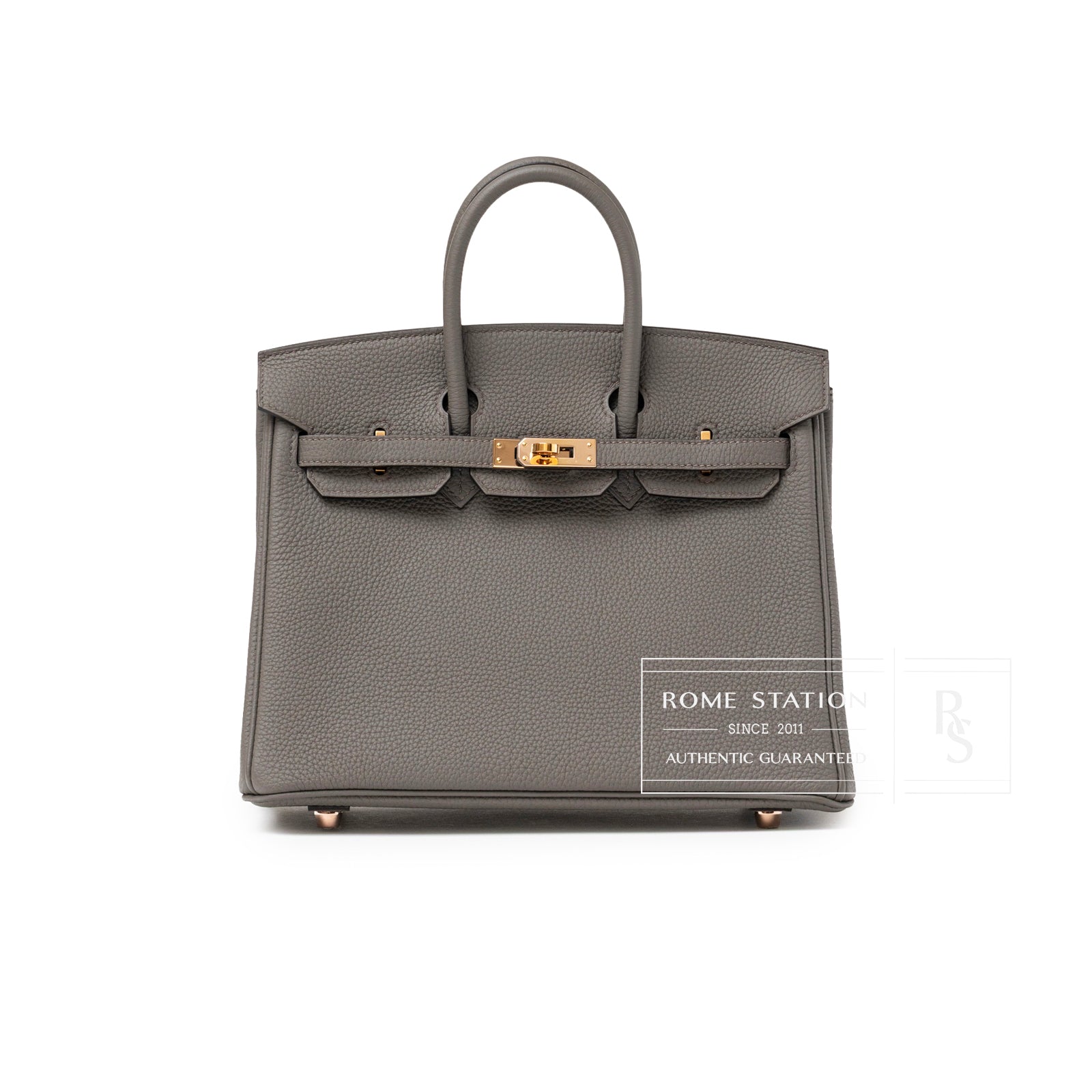 Front view of Hermès Birkin 25 Etain Togo Rose Gold Hardware showing textured leather and clasp details