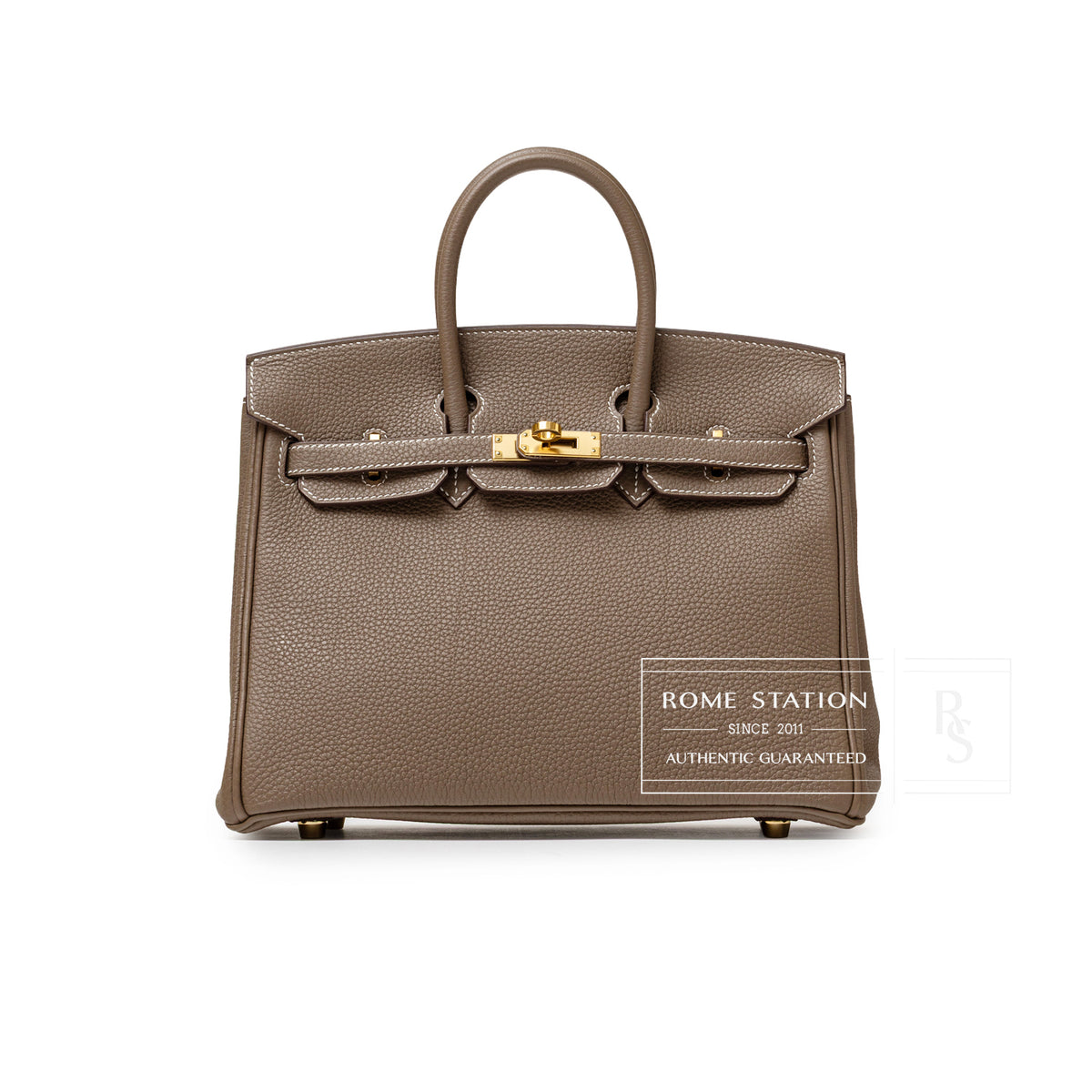 Hermès Birkin 25 Etoupe Togo Gold Hardware front view with structured top-handle design