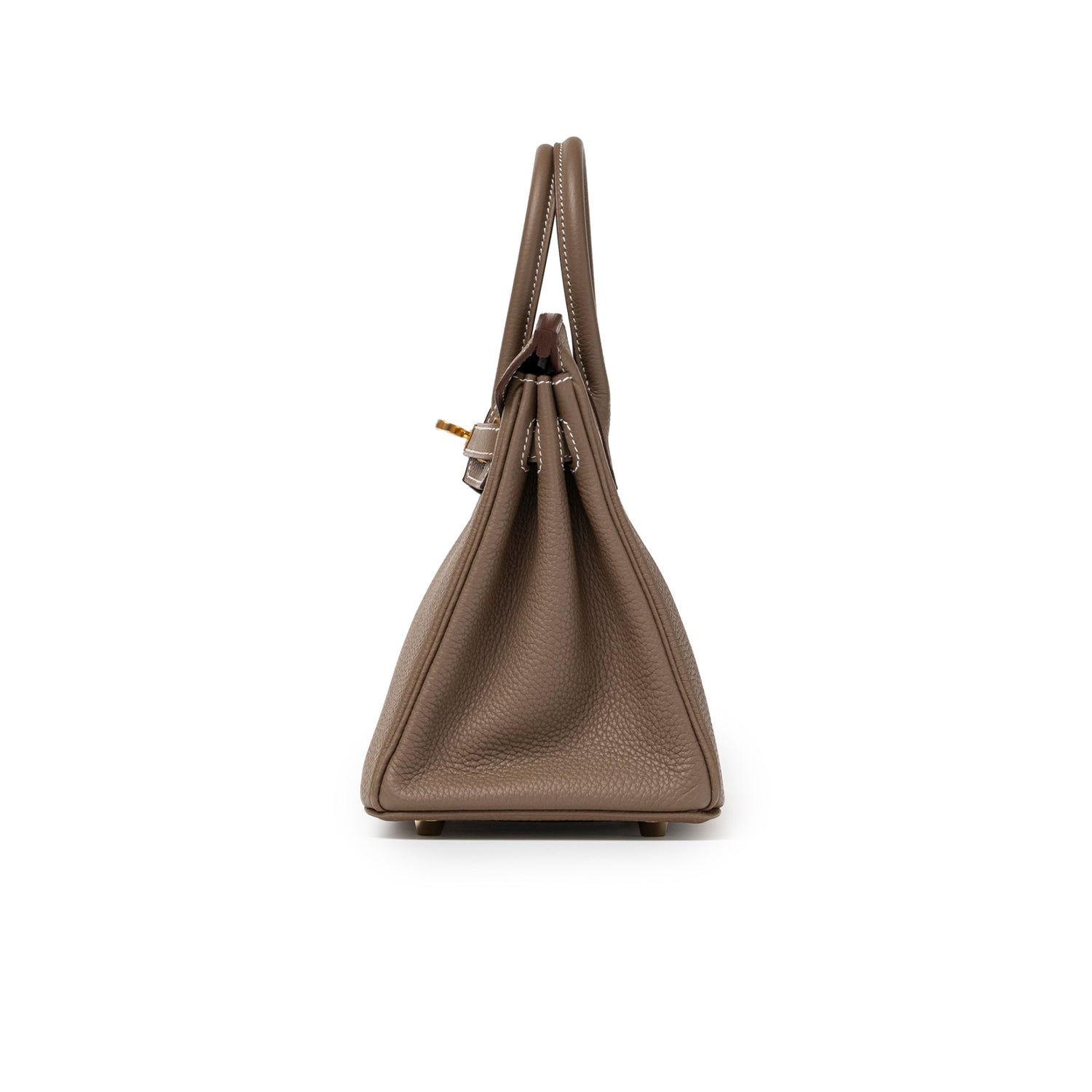 Side profile of Hermès Birkin 25 Etoupe Togo Gold Hardware in taupe textured leather with white stitching