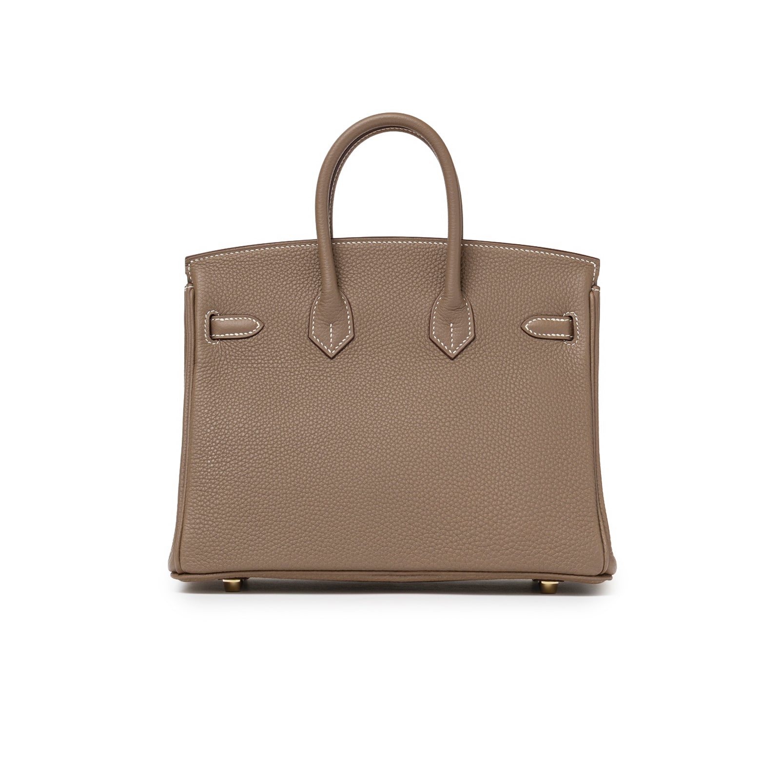 Back view of Hermès Birkin 25 Etoupe Togo Gold Hardware showing textured leather and gold feet detail
