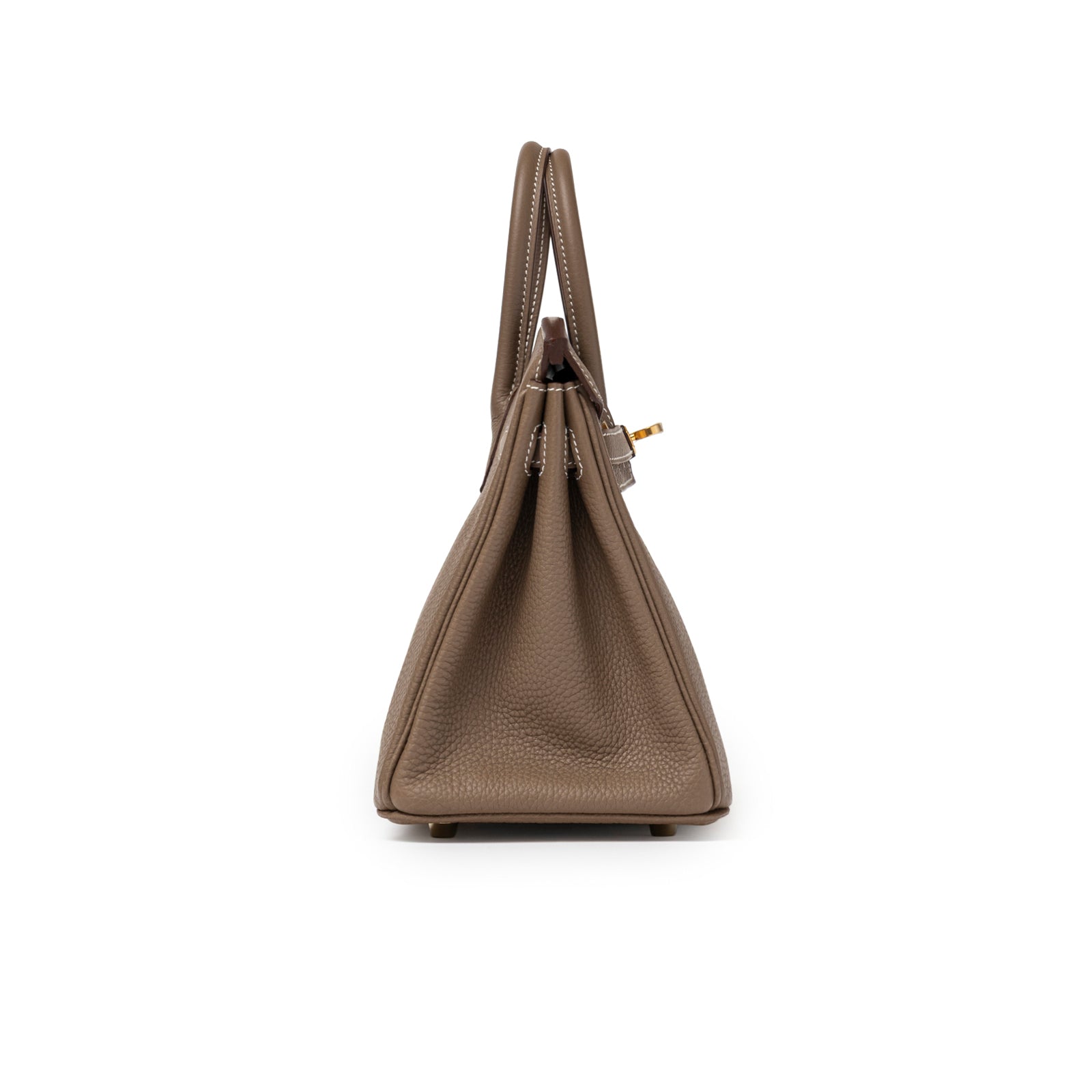 Side profile of Hermès Birkin 25 Etoupe Togo Gold Hardware showing textured taupe leather and stitching detail