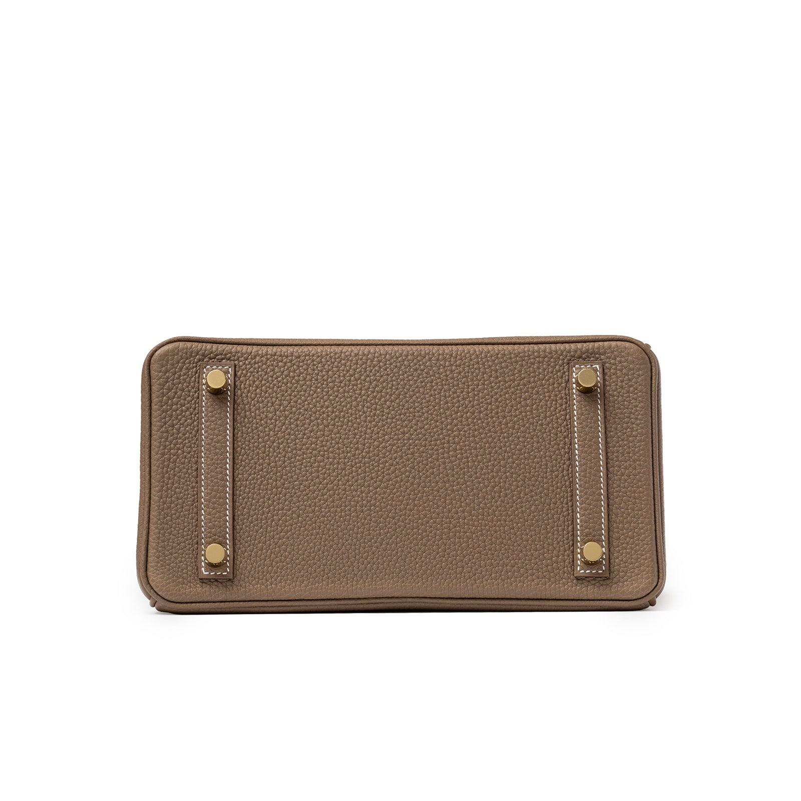 Bottom view showing textured taupe leather base with gold feet on Hermès Birkin 25 Etoupe Togo Gold Hardware