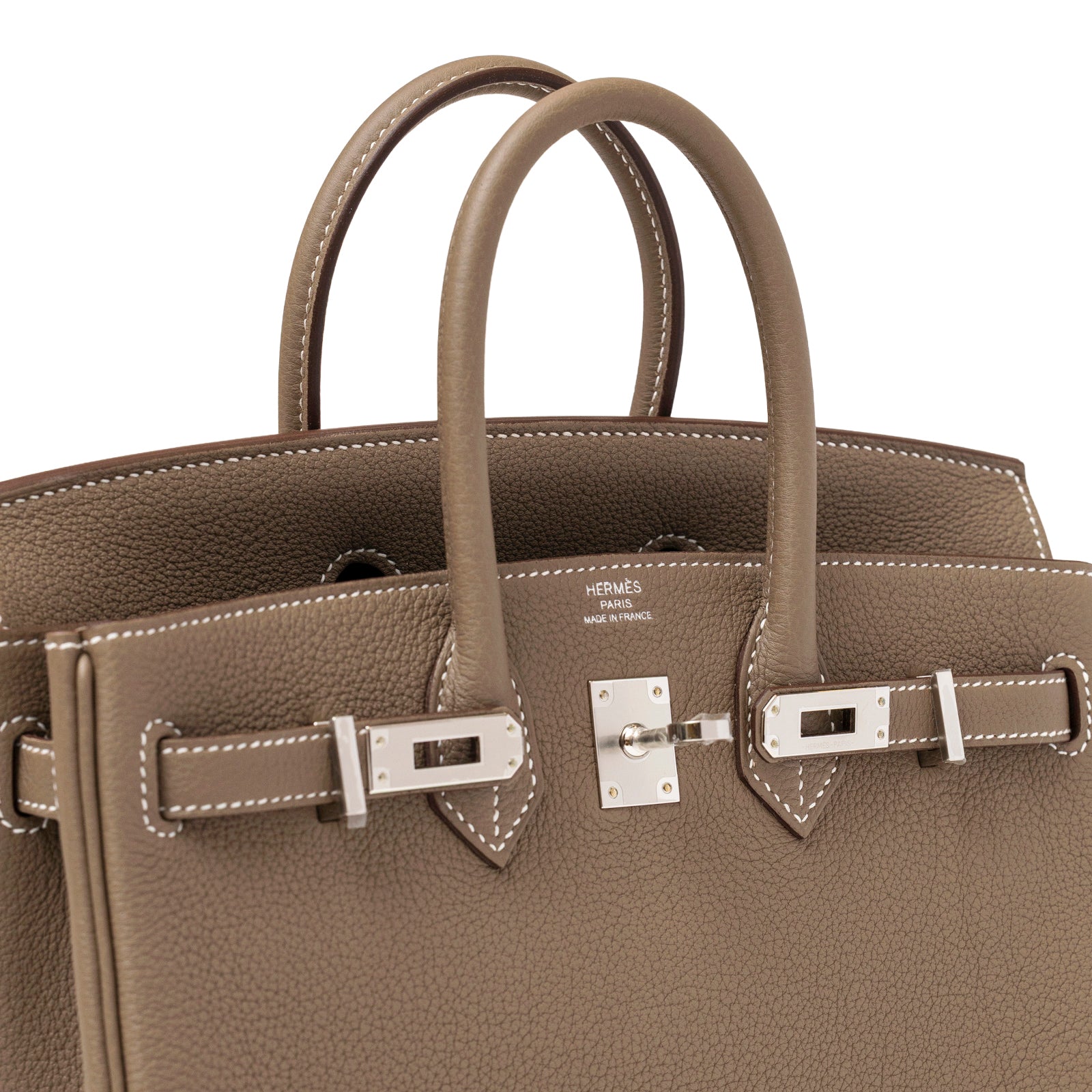 Close-up angle of Hermès Birkin 25 Etoupe Togo Palladium Hardware showing textured leather and clasp details