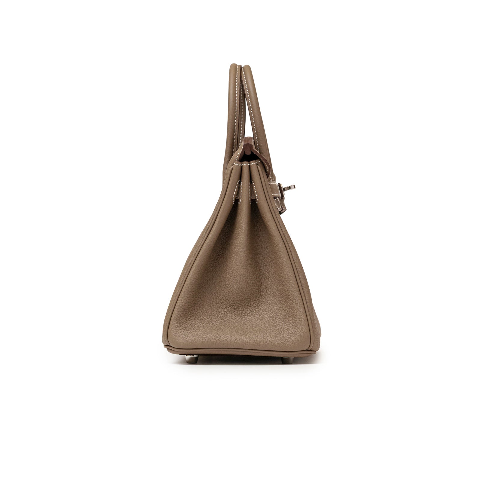 Side profile of Hermès Birkin 25 Etoupe Togo Palladium Hardware highlighting its structured silhouette and smooth leather texture.