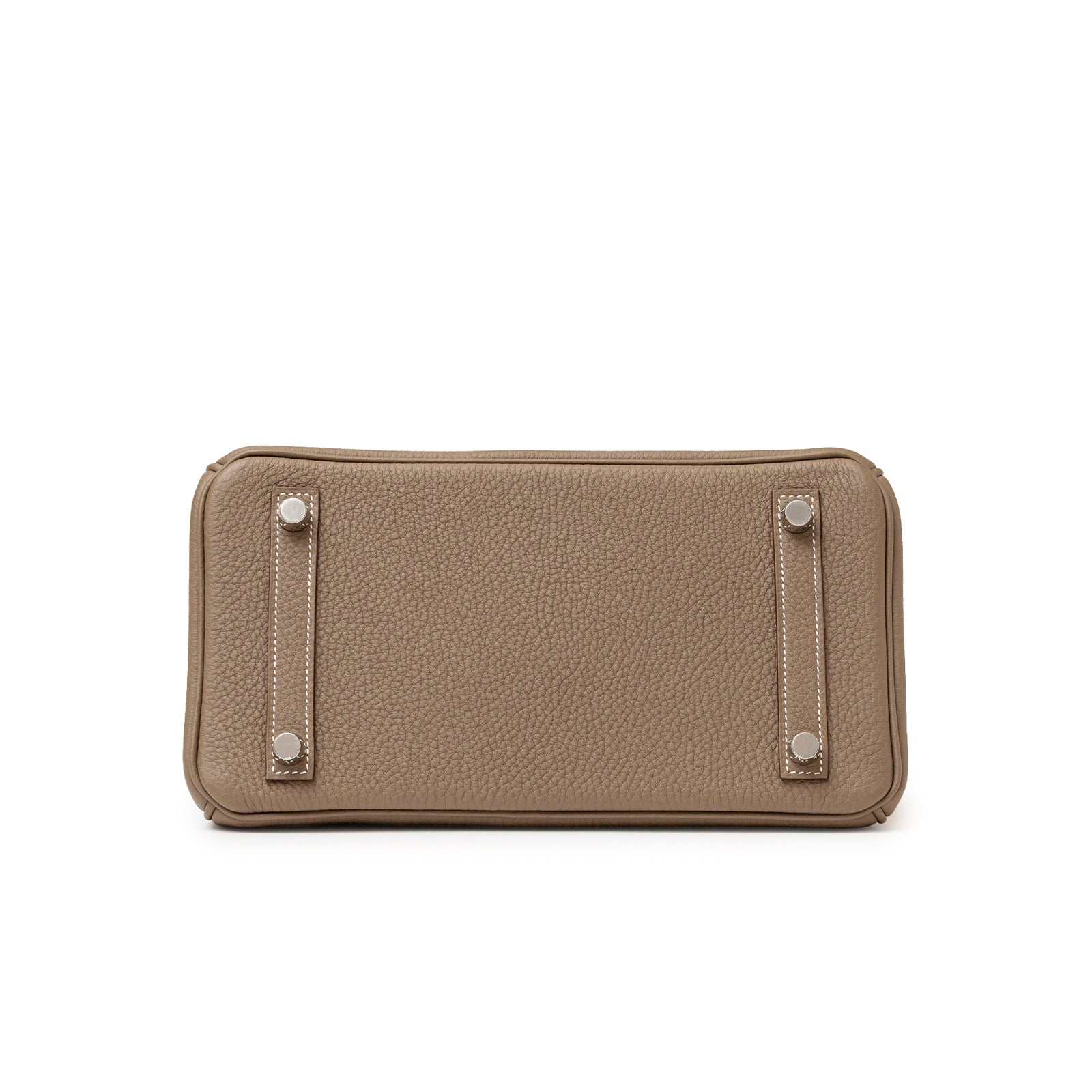 Bottom view of Hermès Birkin 25 Etoupe Togo Palladium Hardware showing textured leather and protective feet detailing